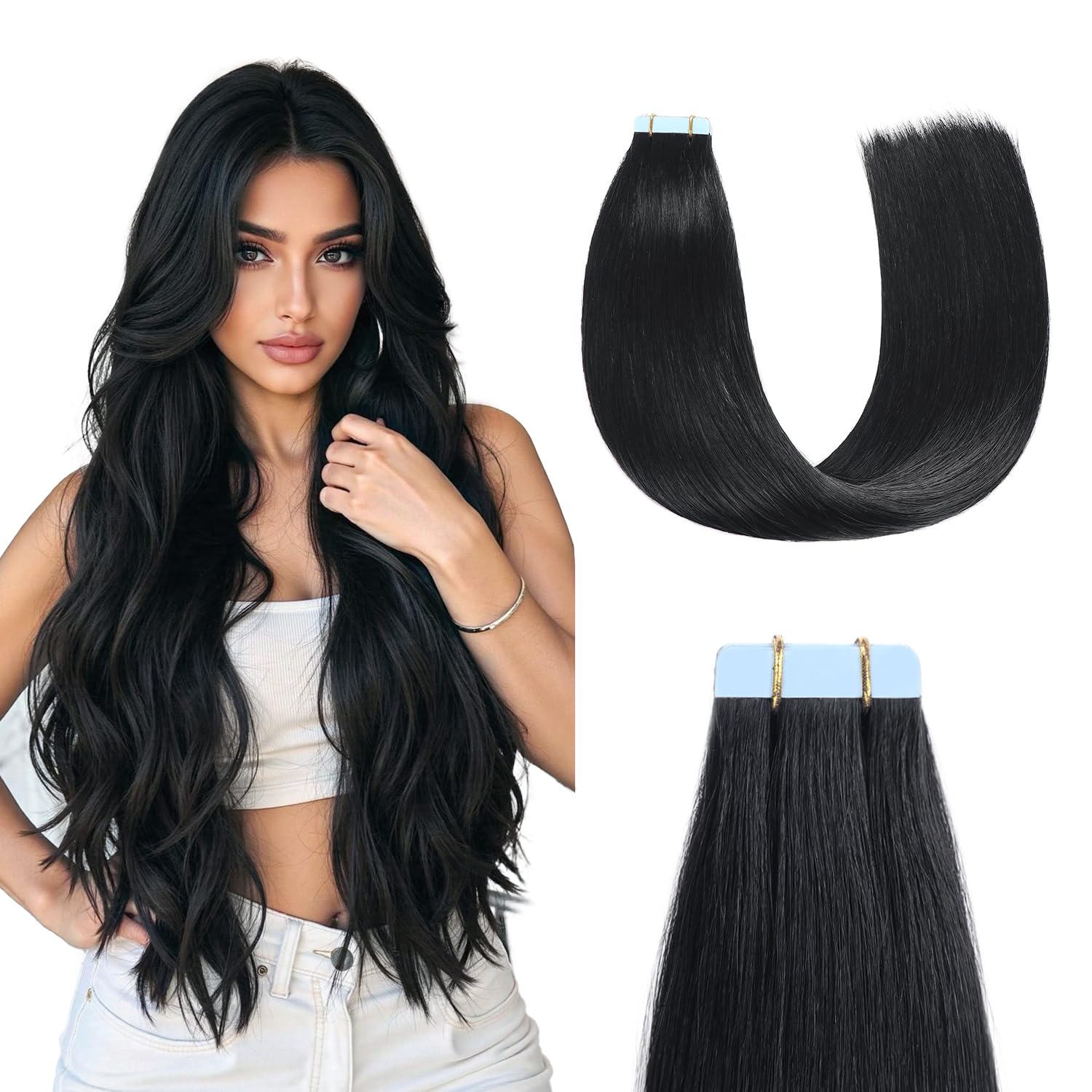 Sunya Tape in Hair Extensions Human Hair 16 inch Straight Remy Seamless Skin Weft Tape in Extensions #1 Jet Black 40g 20Pcs/Pack