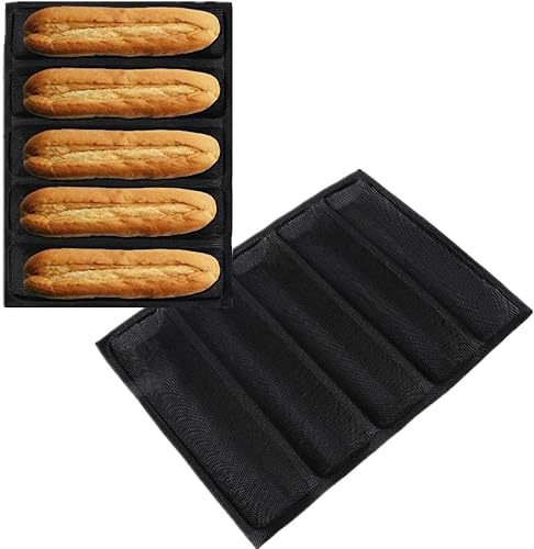 Juego de 2 moldes de silicona para baguette, moldes de baguette negros con 5 panes, molde para sándwich de baguette francés, molde para hornear pan