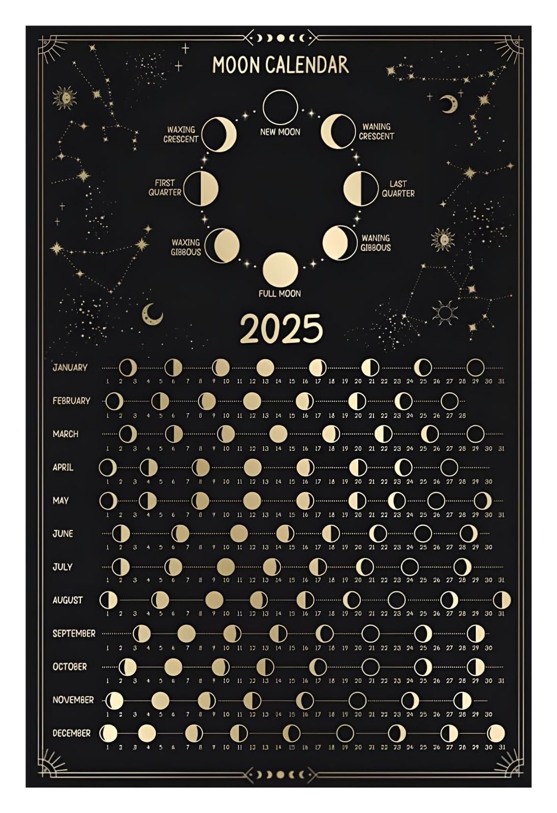 SSOPTMCB Celestial Moon Calendar 2025, Lunar Phases & Zodiac Poster, Modern Astrology Wall-Art for Planning(Unframed,12x18inch(30x45cm))