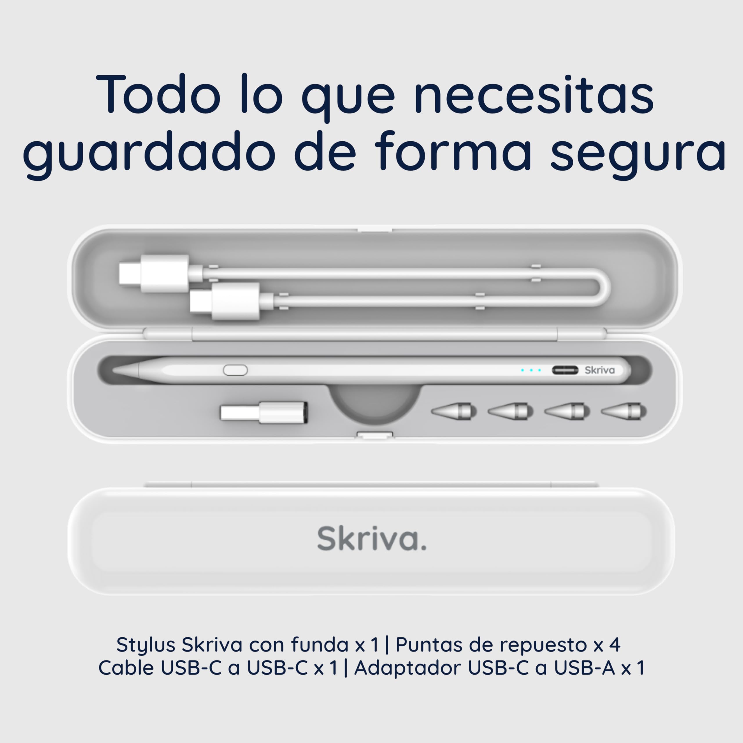 Lápiz táctil Skriva para iPad (2018+) con botón de Acceso rápido, inclinación y rechazo de Palma, fijación magnética, Carga USB-C rápida, indicador batería, Funda y Puntas