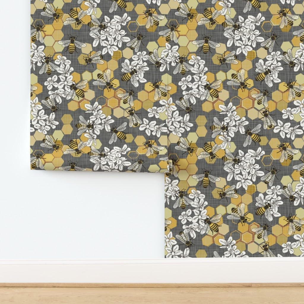 Spoonflower Peel & Stick Wallpaper Swatch - White Floral Nature Modern Yellow Insects Honey Bees Grey Custom Removable Wallpaper