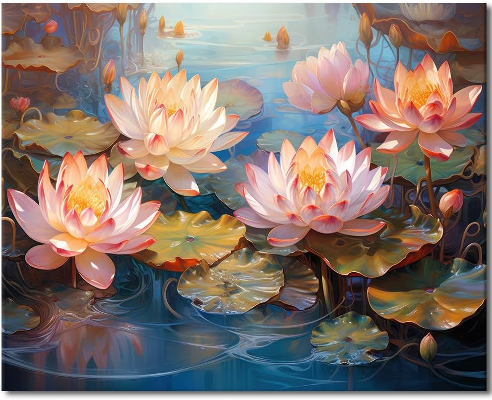 TUMOVO Lotus Flower Oil Paint by Number DIY Acrylic Paintwork Kit for Kids Adults Beginner Doodle Graffiti Canvas Painting by Numbers Painting Arts Craft Gift 16x20 Frameless Water Lily