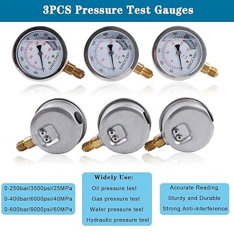 Hydraulic Pressure Test Kit with 3 Gauges 25/40/60 Mpa, 9 Couplings, 3 Test Hoses, Hydraulic Gauge Tester Set for Excavator Construction Machinery
