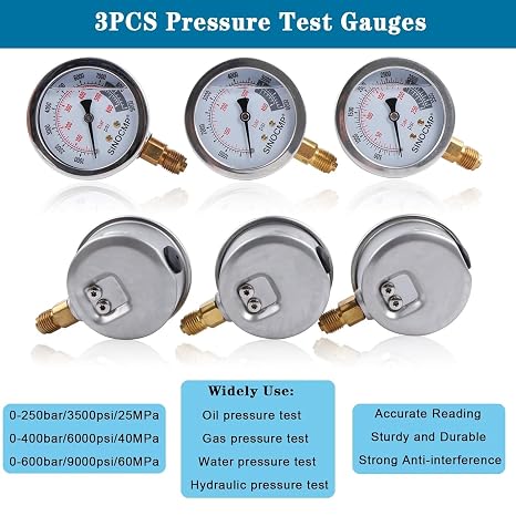 Hydraulic Pressure Test Kit with 3 Gauges 25/40/60 Mpa, 9 Couplings, 3 Test Hoses, Hydraulic Gauge Tester Set for Excavator Construction Machinery