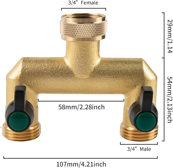 Hose Splitter, 2 Way Heavy Duty Brass Garden Hose Splitter, Outdoor Faucet Splitter, for 3/4 Hose Connector, Hose Spigot Adapter with 2 Individual ON/Off Valves
