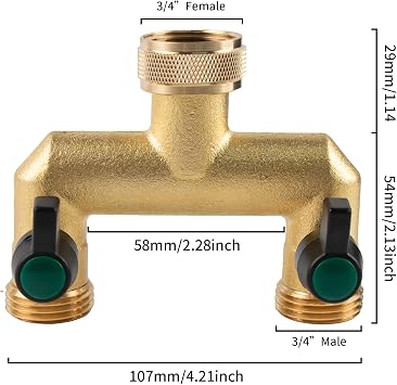 Hose Splitter, 2 Way Heavy Duty Brass Garden Hose Splitter, Outdoor Faucet Splitter, for 3/4 Hose Connector, Hose Spigot Adapter with 2 Individual ON/Off Valves