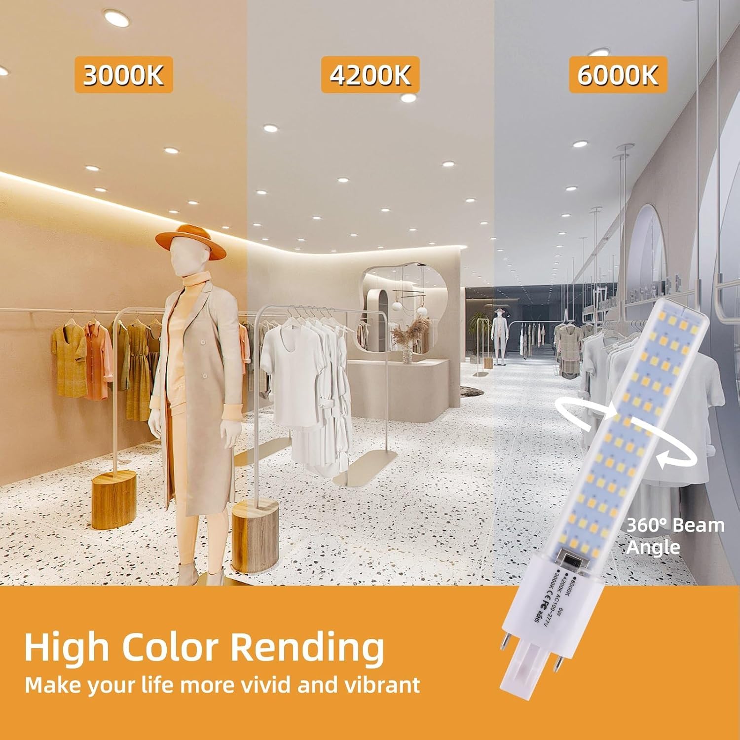 GX23 LED Light Bulb 6W Replacement 13W CFL LED Stick PL Bulb GX23-2 Pin Base, 3 Color Selectable 3000K/4200K/6000K 360° Beam, Driven by 120-277V and CFL Ballast, 2 Pack (3 Color, GX23 6W)