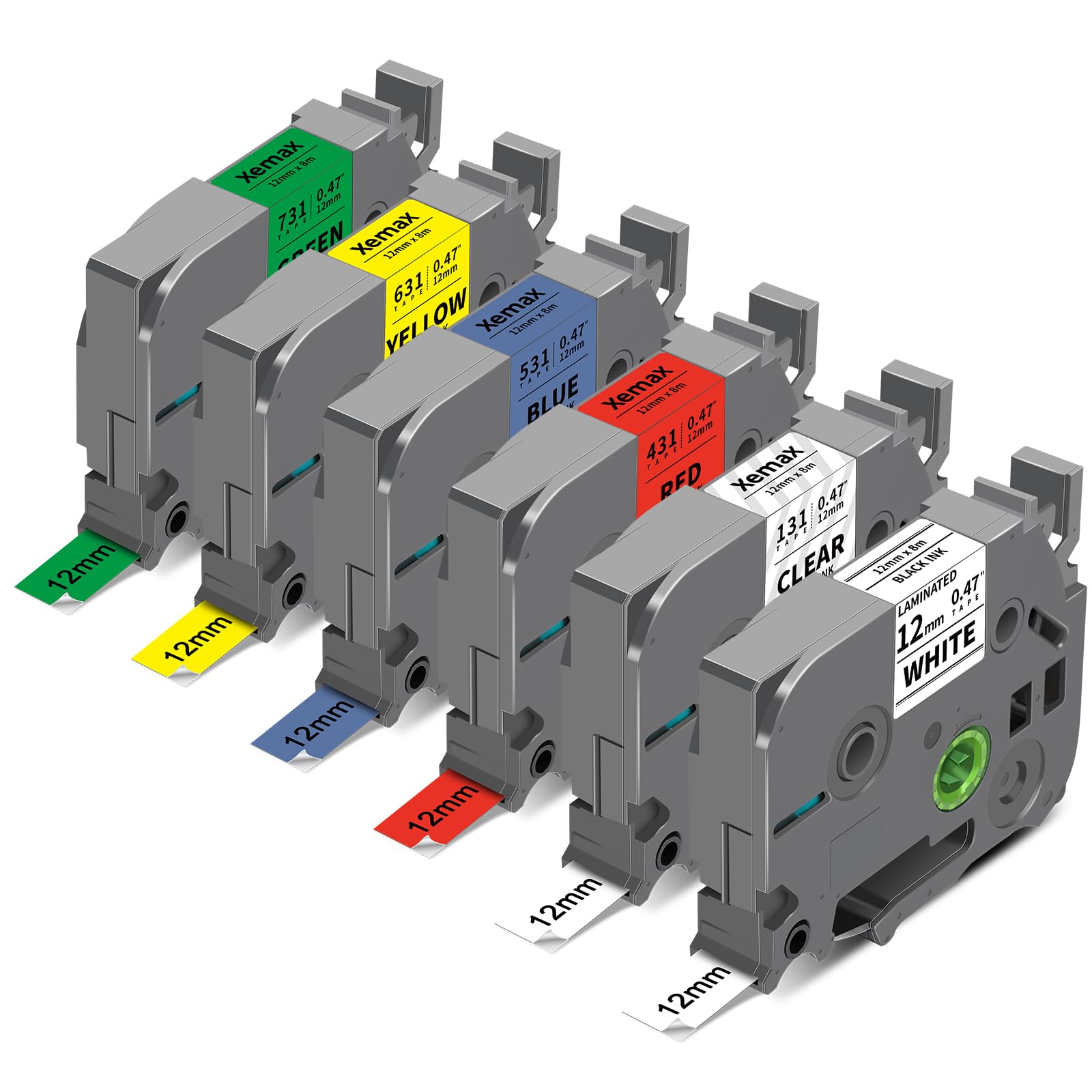 XemaX 6-Pack Tze 12mm 0.47" Laminated Multi-Color Tz Tape Compatible with Brother P Touch Colored Label Tape Tze 131 231 431 531 631 731 Work for