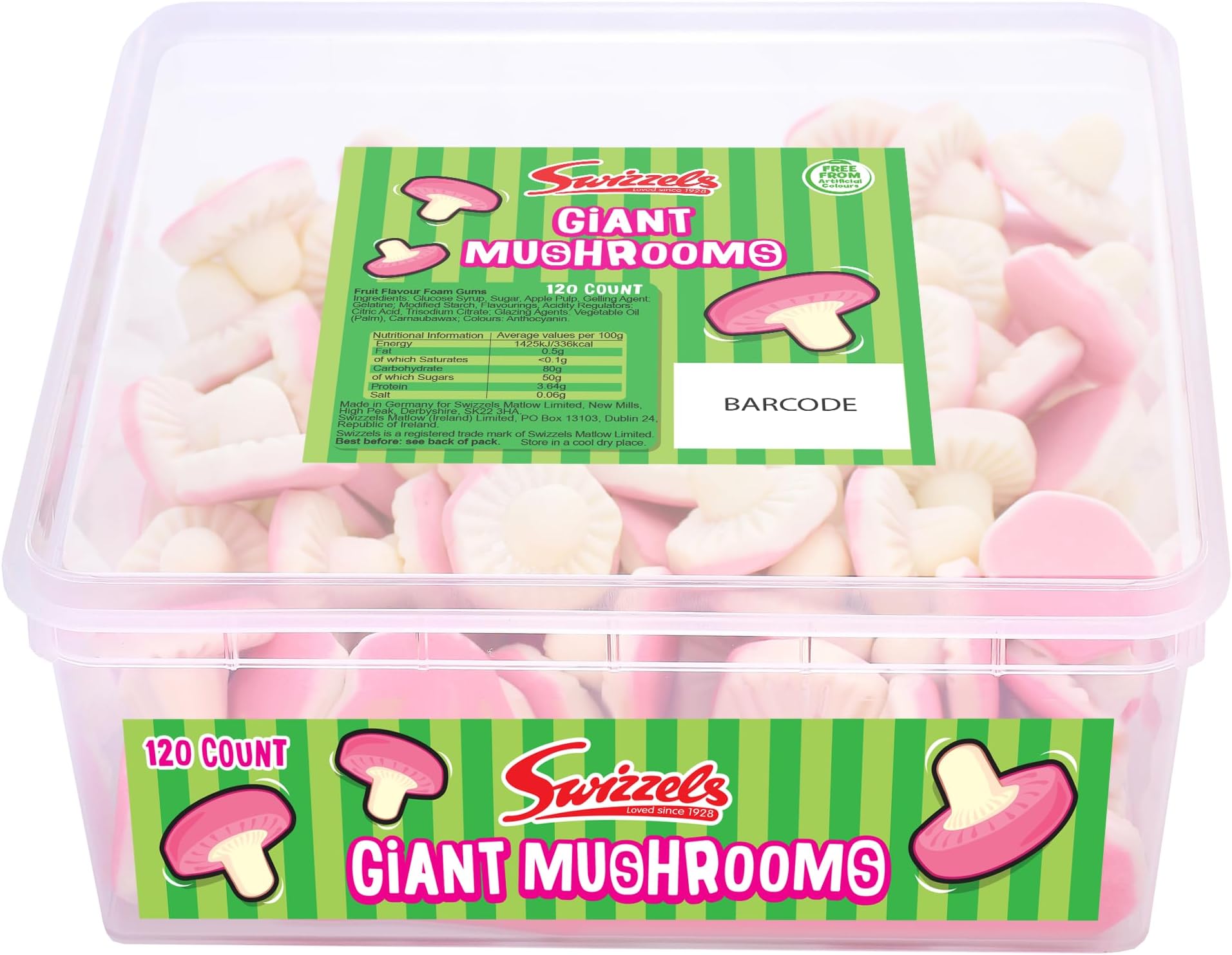 Sweet Tubs, Giant Fun Gums Foam Mushrooms, Fruit Flavour Sweet Gums, Sharing Tub of Sweets, Free from Artificial Colours (120 Sweets Approximately)