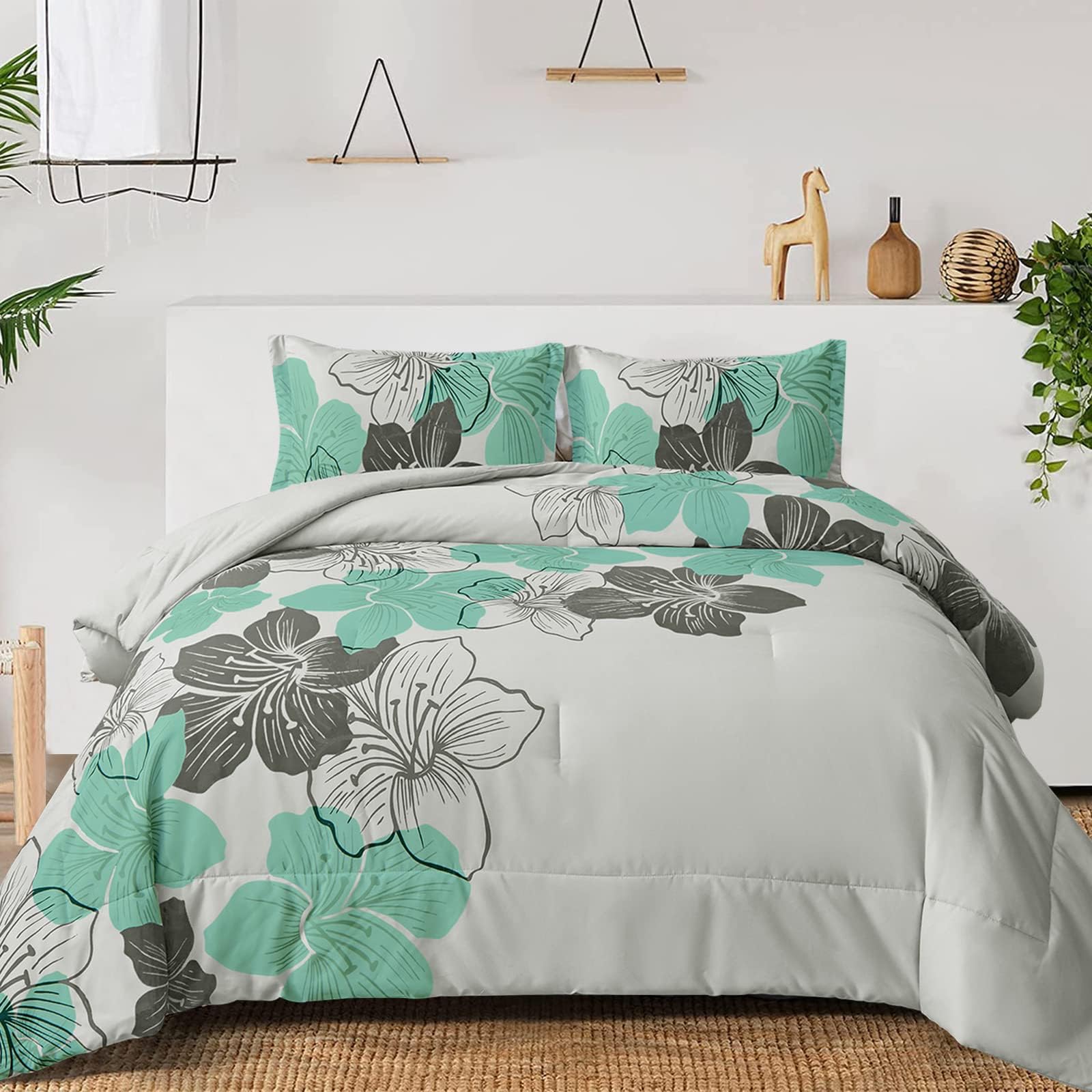 Menghomeus Green Floral Comforter Set Queen Flower Pattern Printed on Grey, Soft Microfiber Bedding Set Lightweight Bed Set for All Season, 3 Piece (1 Comforter, 2 Pillowcases)