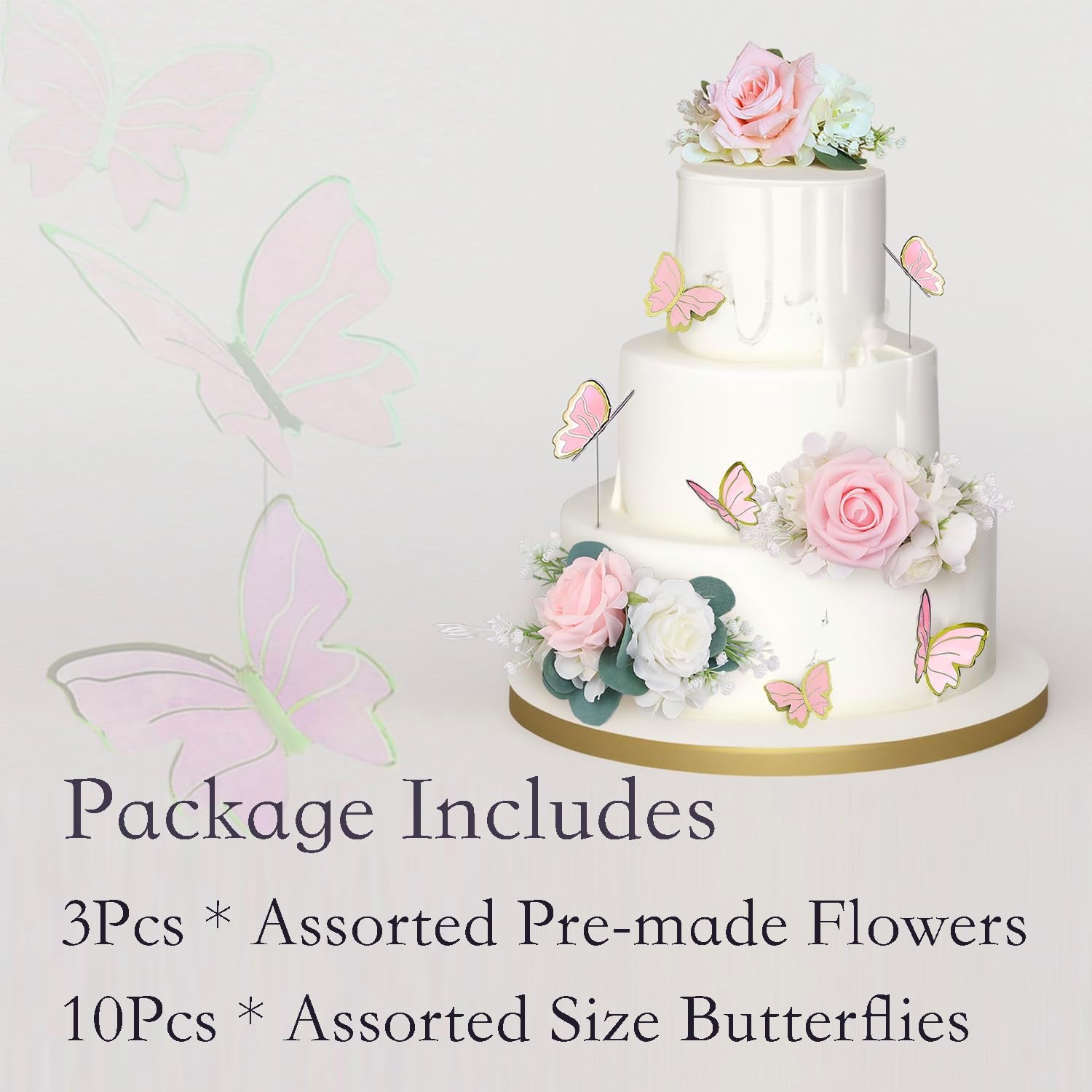 Rinlong 3Pcs Premade Cake Flowers, Pink Birthday Cake Decor image 3
