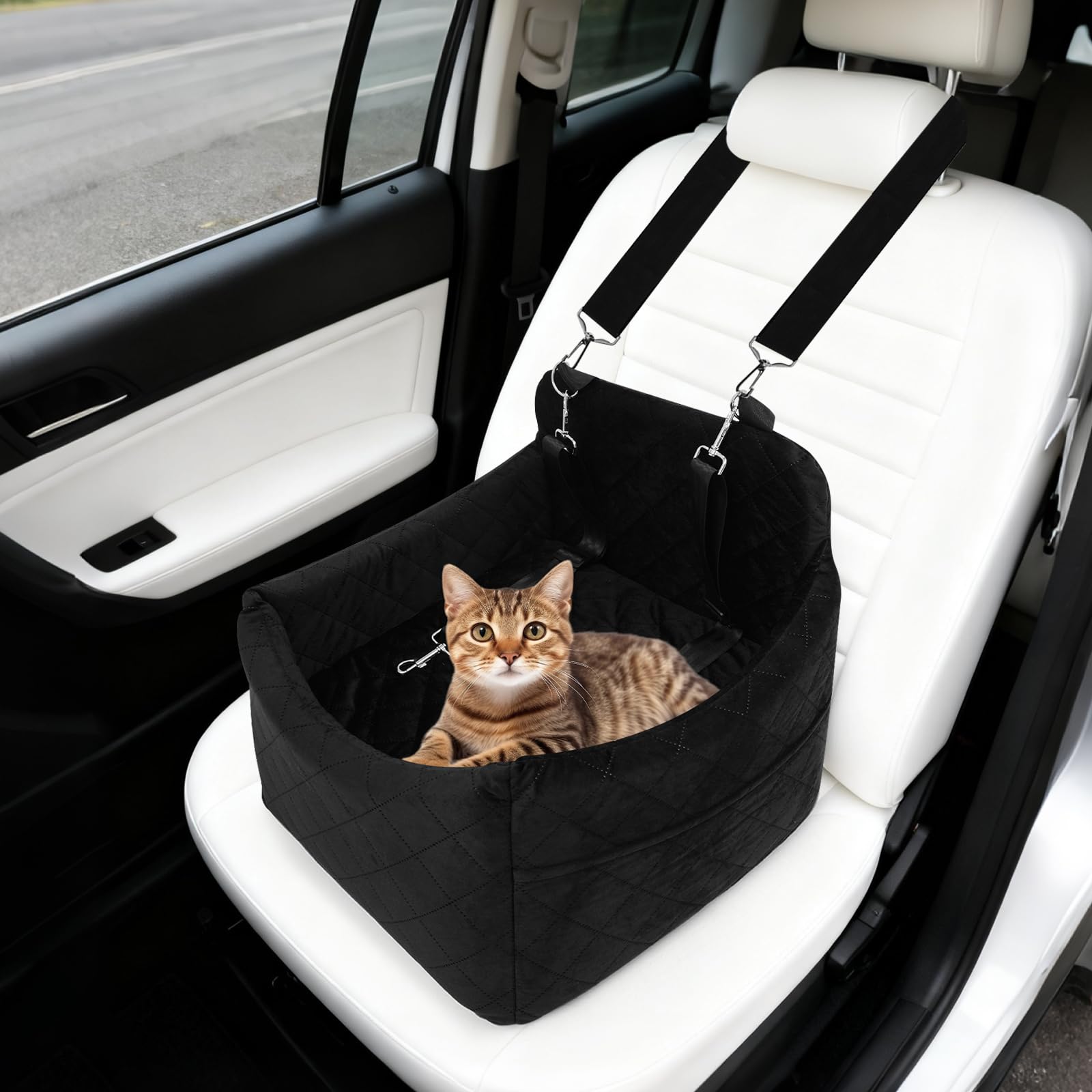 Asiento de coche para perros pequeños/medianos de menos de 15 kg, asiento de coche para mascotas desmontable y lavable, con 3 cinturones de seguridad y almohadilla, cama para perro, color negro