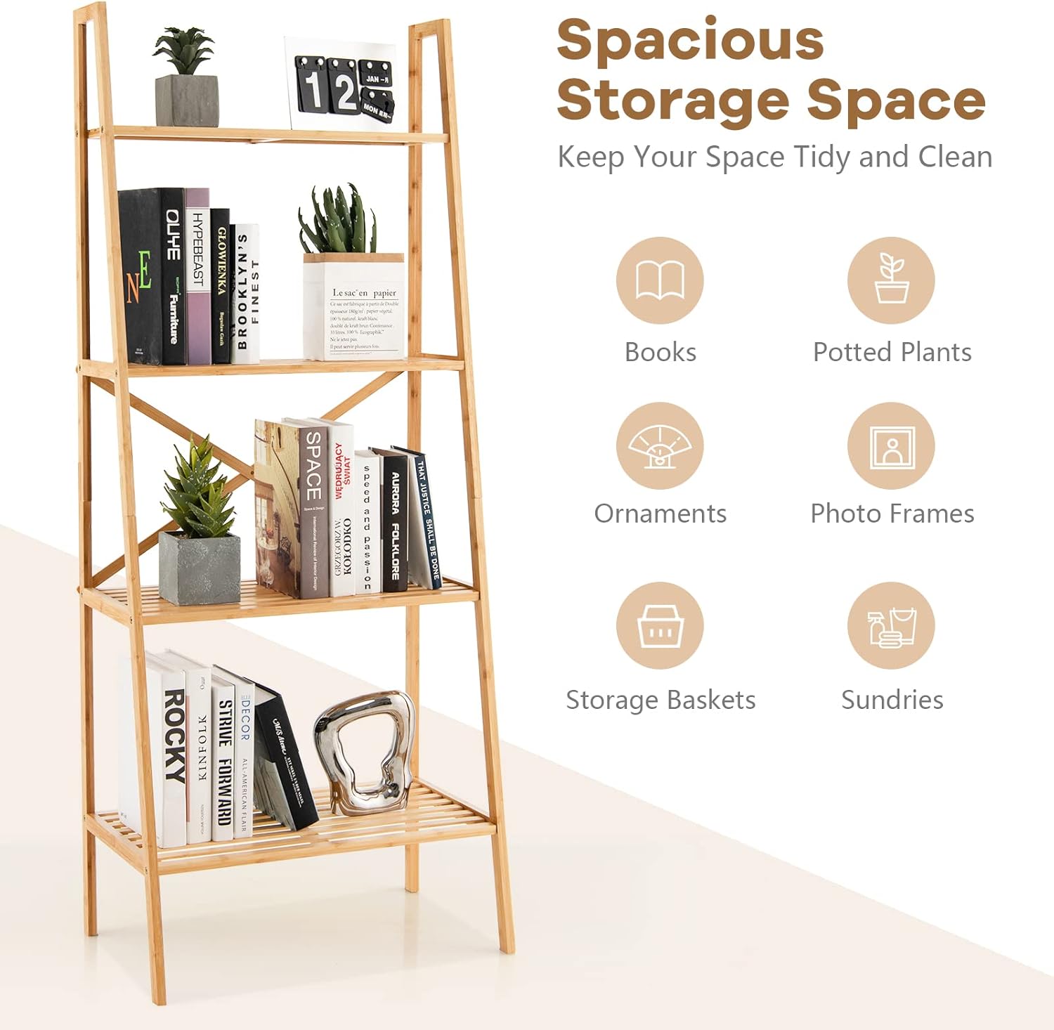 Giantex 4-Tier Bamboo Bookshelf Set of 2, Indoor Free Standing Plant Stand Display Rack w/Anti-Tipping Device, Corner Bamboo Ladder Shelf for Small Space, Living Room, Kitchen Bedroom Office, Natural