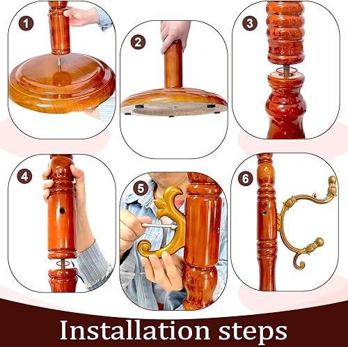 Miniatura 4 de Perchero de madera independiente con 14 ganchos, perchero con base de madera maciza, fácil montaje para pasillo, entrada, dormitorio, oficina, para