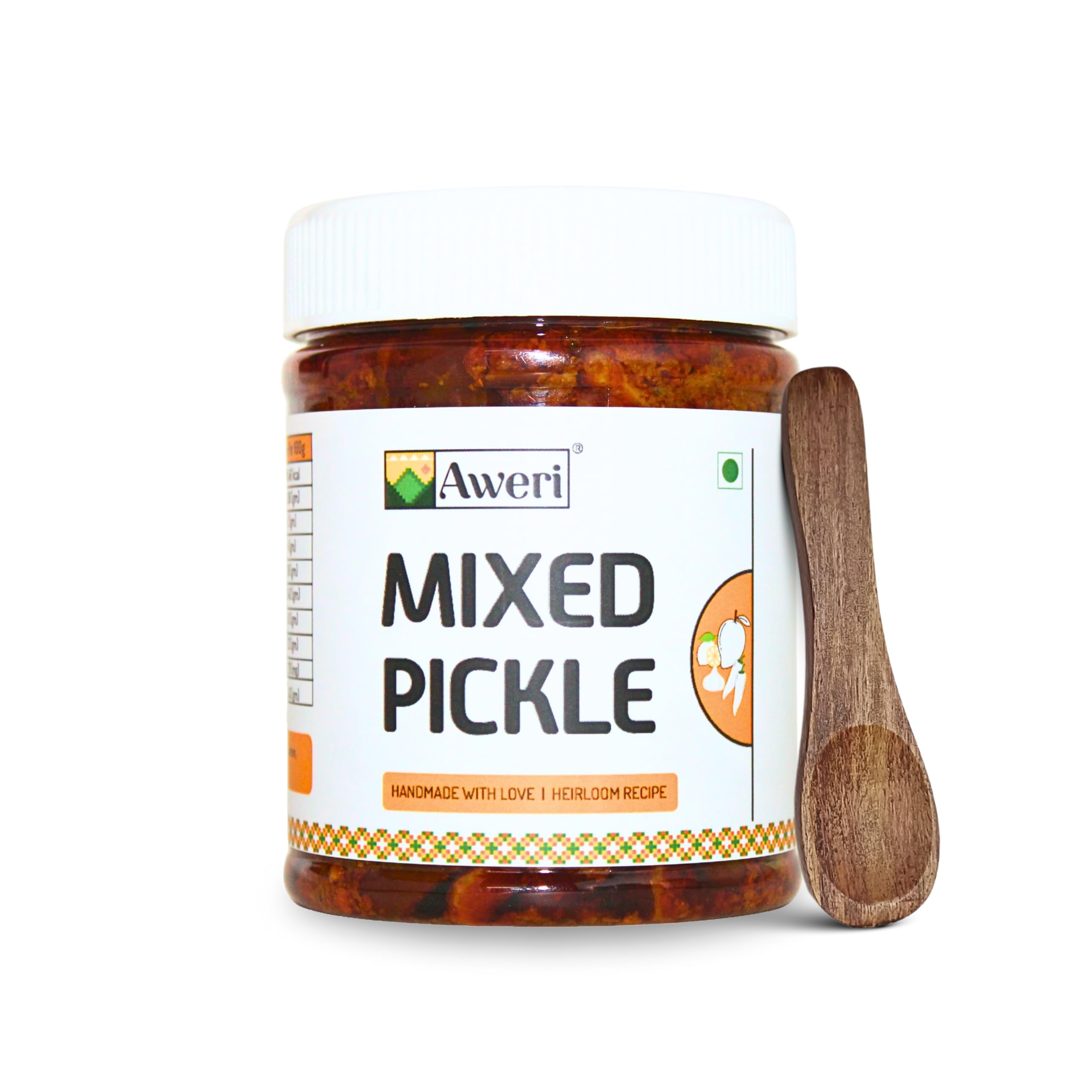 Aweri Mixed Pickle (400g) | Includes Sheesham Wooden Spoon | Traditional Indian Mixed Achaar | Made with Cold Pressed Mustard Oil | Hygienically Prepared | Made with Natural Ingredients