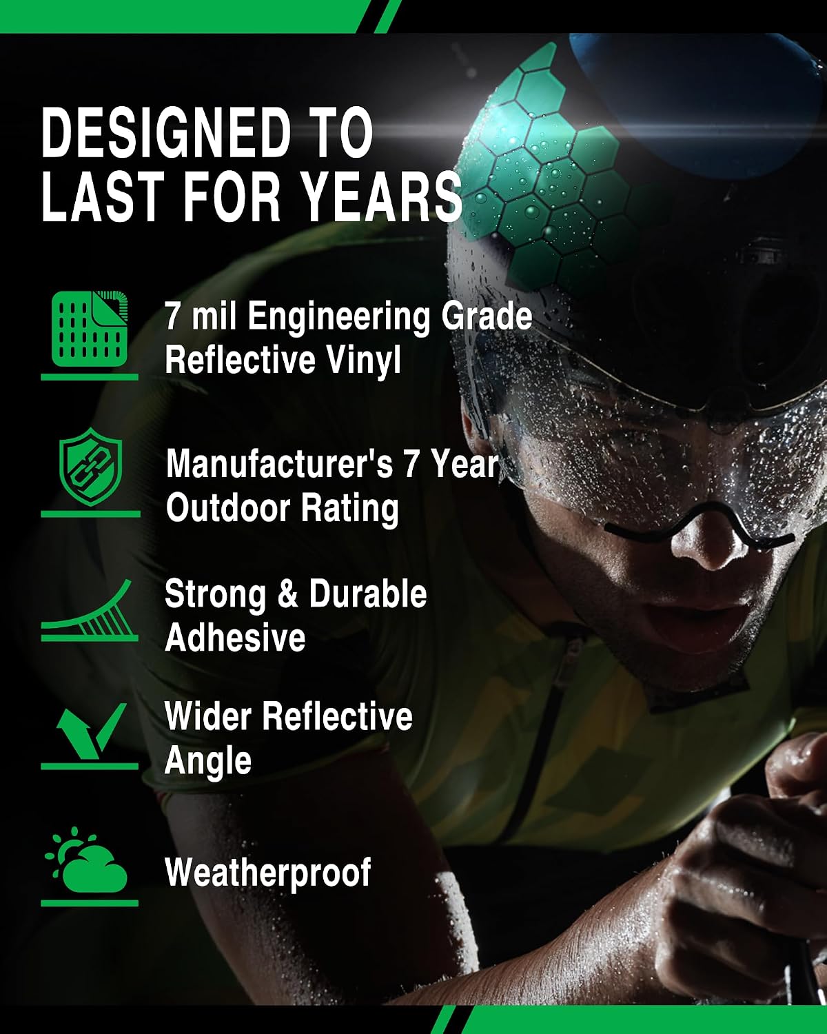 Bright Knight Decals Hexagon Reflective Stickers for Helmet, Green, 2-Pack | Motorcycle Helmet Stickers, 3M Waterproof Reflective Vinyl Tape for Hard Hats, Cars, and Bike Decals for Night Visibility