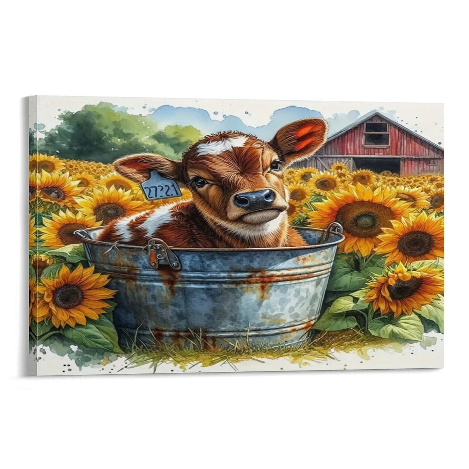 CPLVKWRQJ Cute Calf in Bucket 1 Piece Calf Metal Bucket Sunflower Barn Canvas Artwork - Living Room Gallery Wall Statement Piece Fade Resistant Decor 20x30inch(50x75cm)