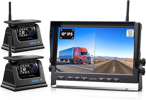 ZEROXCLUB Cámara de respaldo inalámbrica solar magnética HD 1080P 10 pulgadas DVR Monitor, doble cámara RV sistema inalámbrico para enganche,