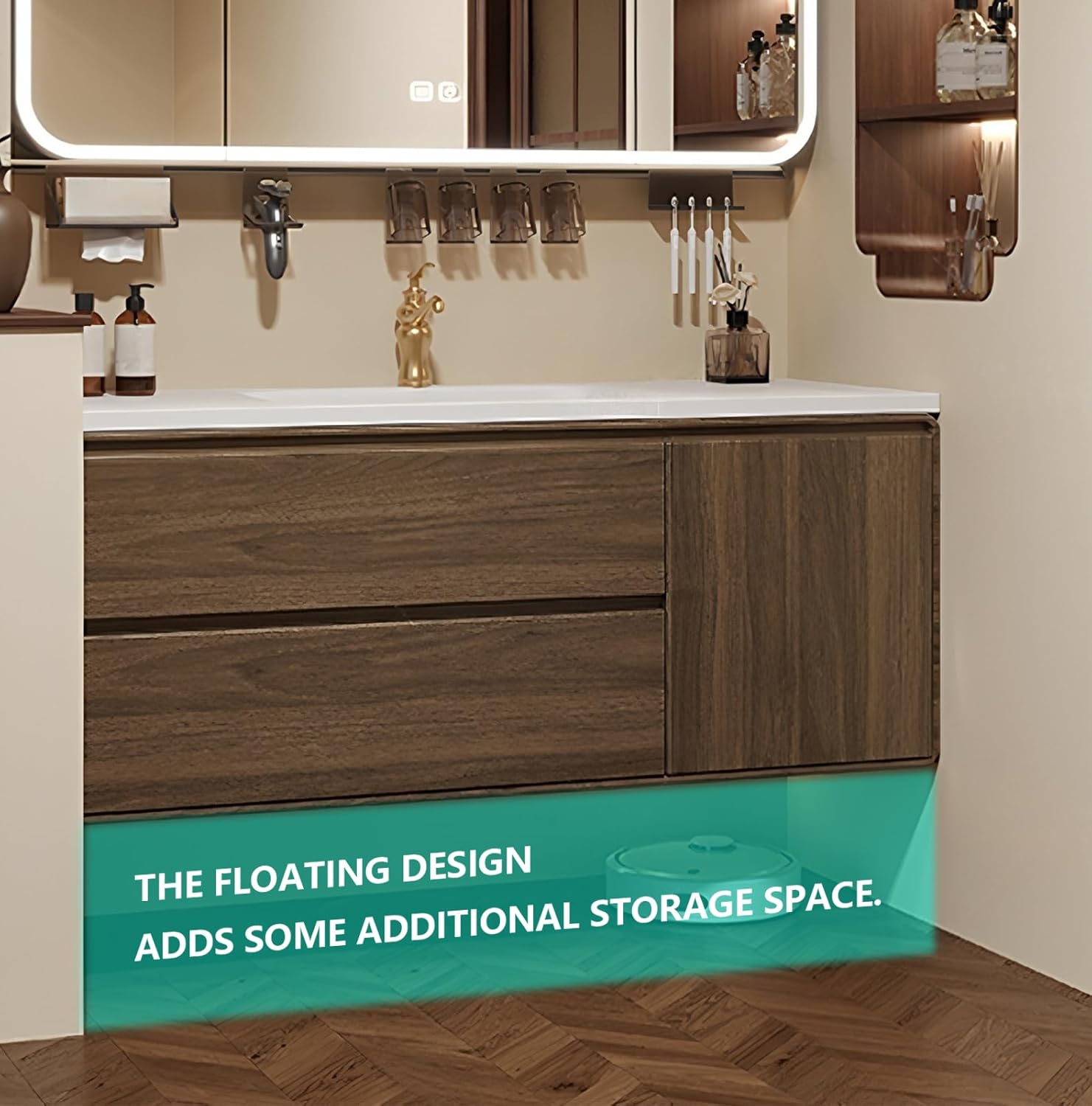 Close-up view of the floating design of the LUTHXAY bathroom vanity, highlighting the space underneath.