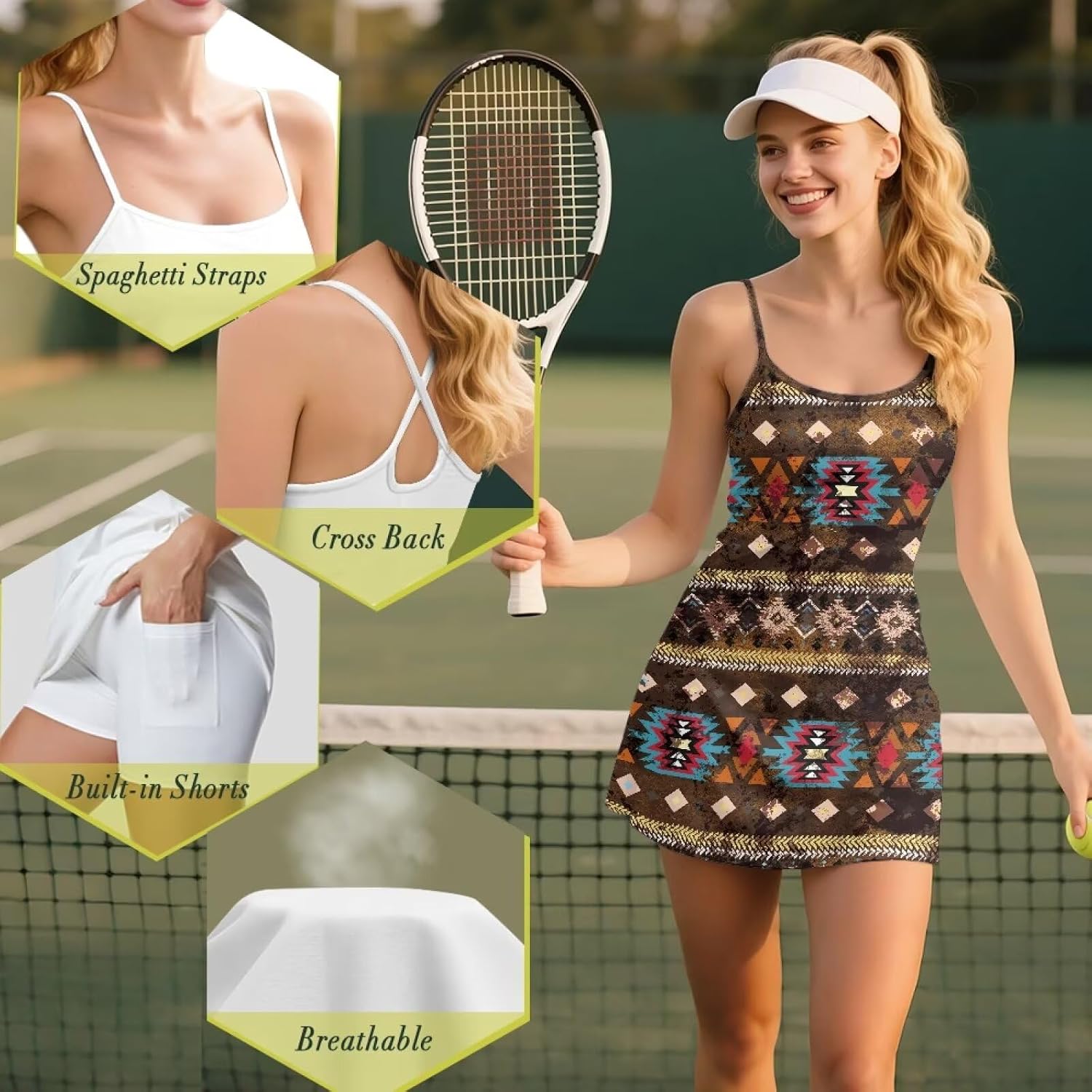 Womens Tennis Dress Built in Shorts & Spaghetti Straps Exercise Workout Dress with Pockets Golf Athletic Dresses