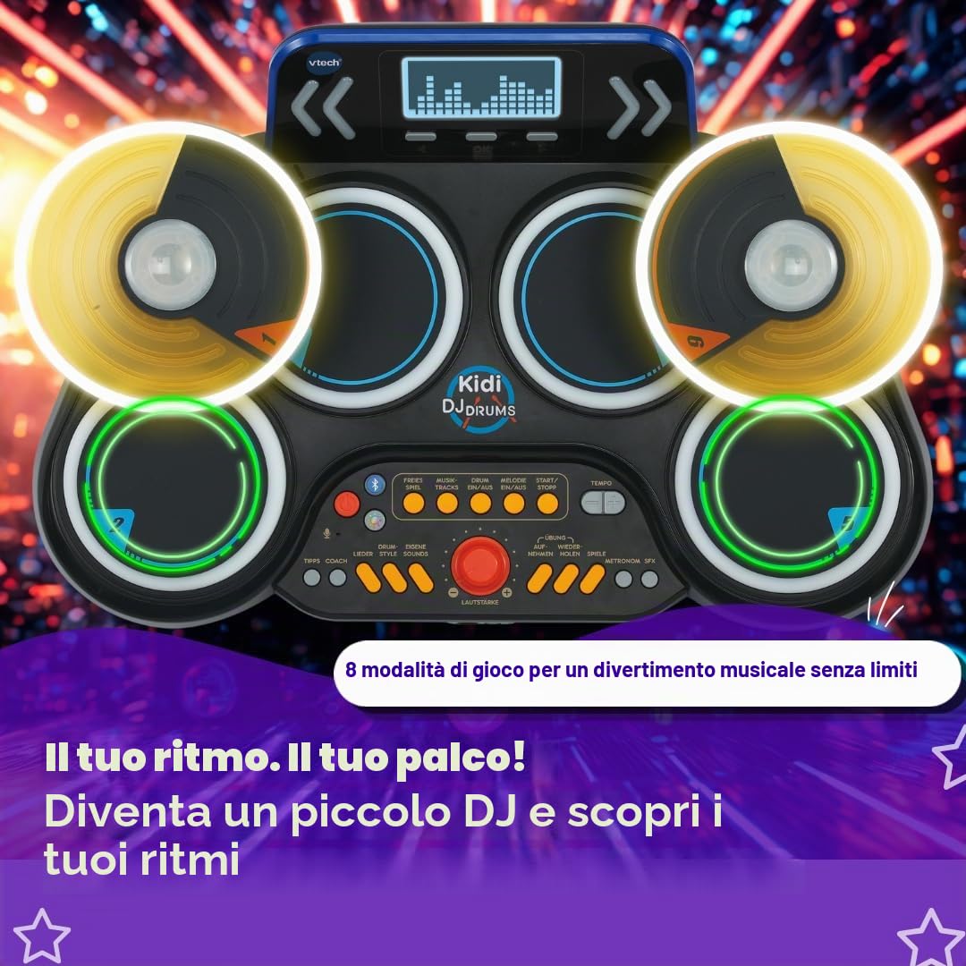 VTech Kidi DJ Drums - Batteria elettronica con effetti luminosi e modalità di apprendimento - per bambini dai 6 ai 12 anni - versione tedesca