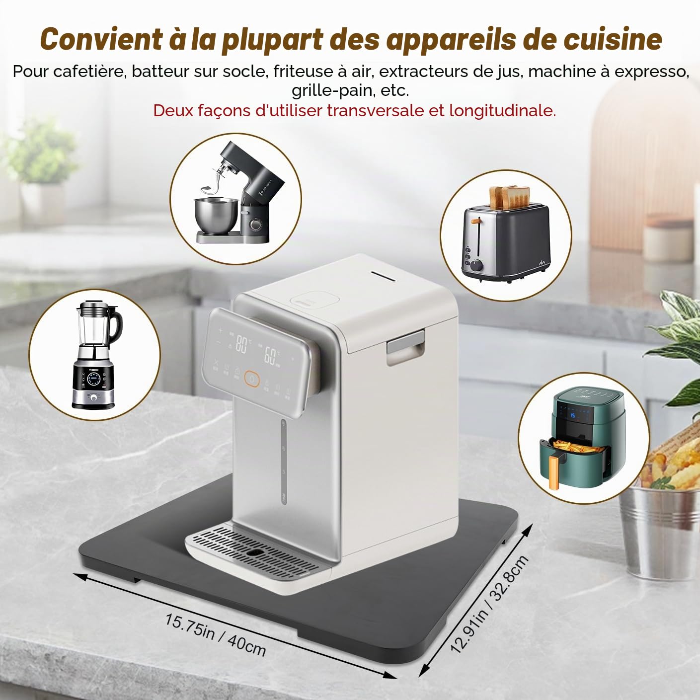 Plateau coulissant à 360° pour machine à café, plateau coulissant en bambou pour plan de travail, tapis coulissant pour appareils de cuisine pour machines à expresso noir, 33 x 40 cm