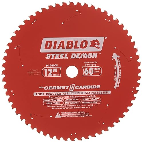 Diablo Steel Demon Cermet II Saw Blade for Medium Metal - 10" Diameter, 60 TCG Teeth, 1" Arbor, .083" Kerf, 0° Hook Angle, .071" Plate, 1800 Max RPM - D1260CF