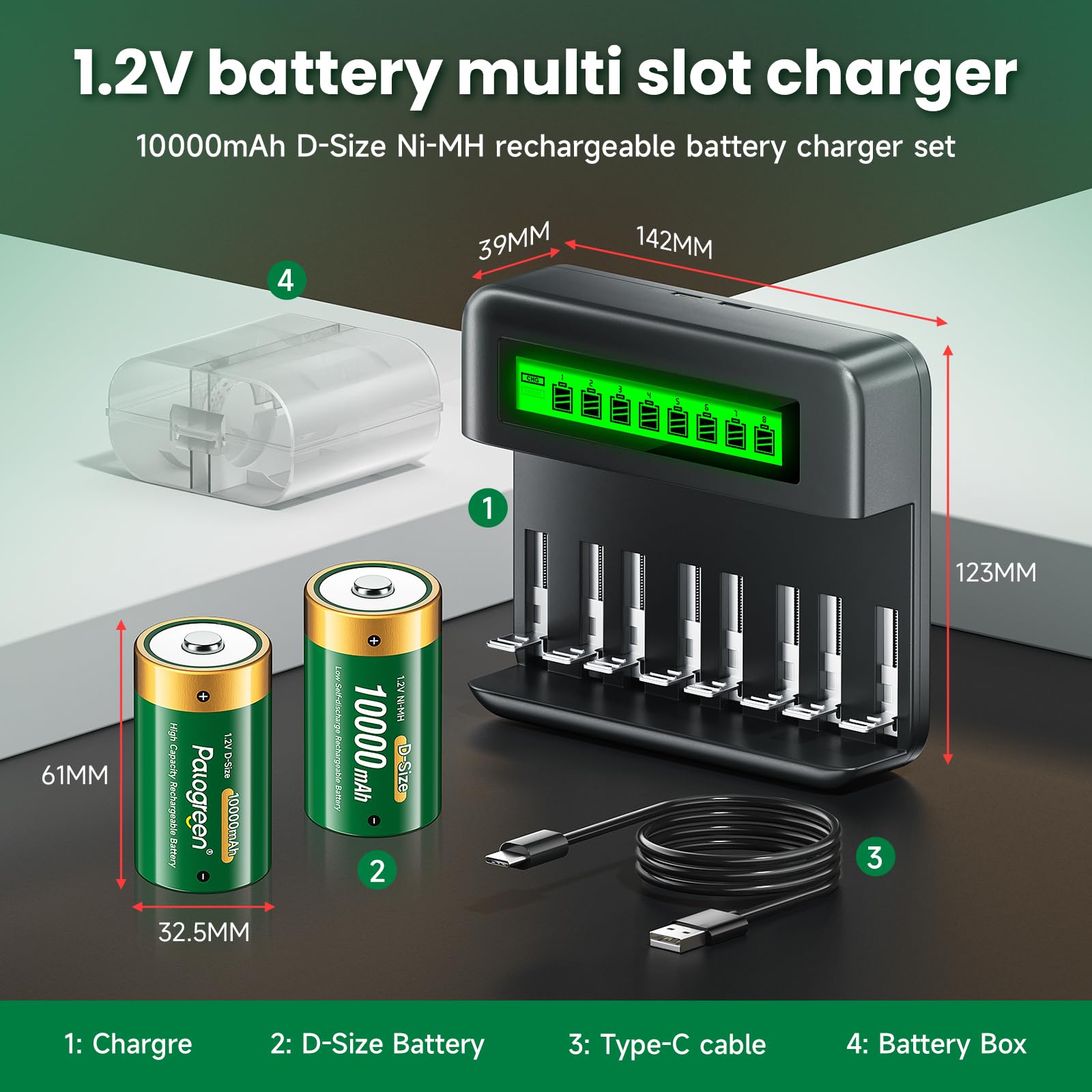 Confezione da 6 batterie ricaricabili D con caricabatterie, caricabatterie universale per batterie ricaricabili AA/AAA/C/D 1,2 V NI-MH NI-CD (3 scatole di batterie)