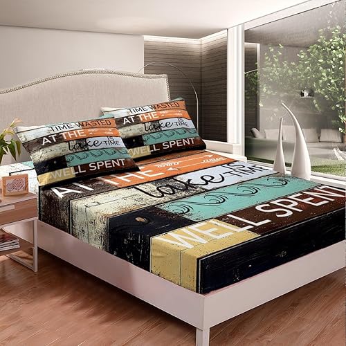 Miniatura 2 de Manfei Lake Cabin - Sábana bajera ajustable tamaño matrimonial, funda de cama de tablones de madera vintage con 2 fundas de almohada, juego de ropa