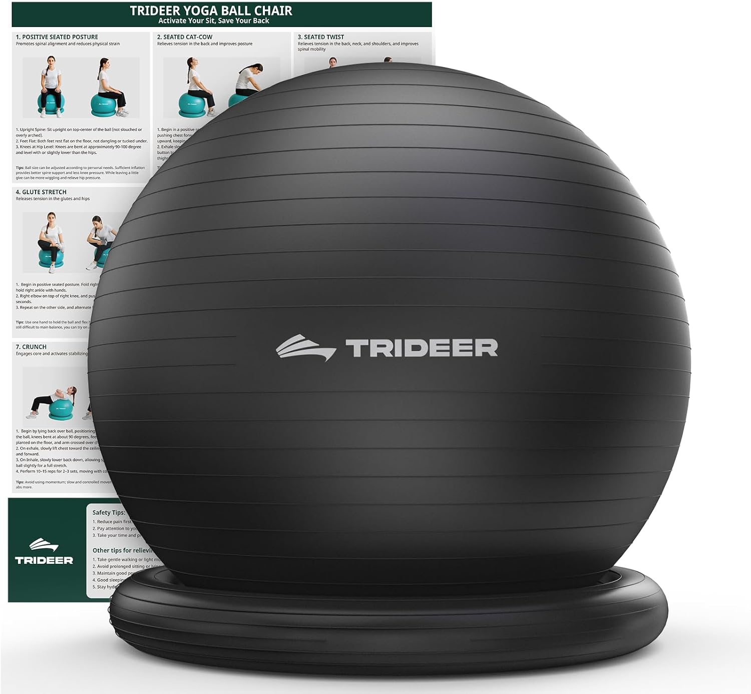Trideer 65cm Yoga Ball Chair with Base - Exercise Ball for Office Desk, Back Pain Relief, Core Stability & Posture Support (5'3"-5'10")