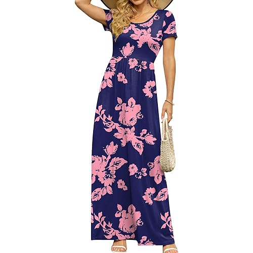 DB MOON Women's Short Sleeve Maxi Dresses Casual Empire Waist Long Dress with Pockets