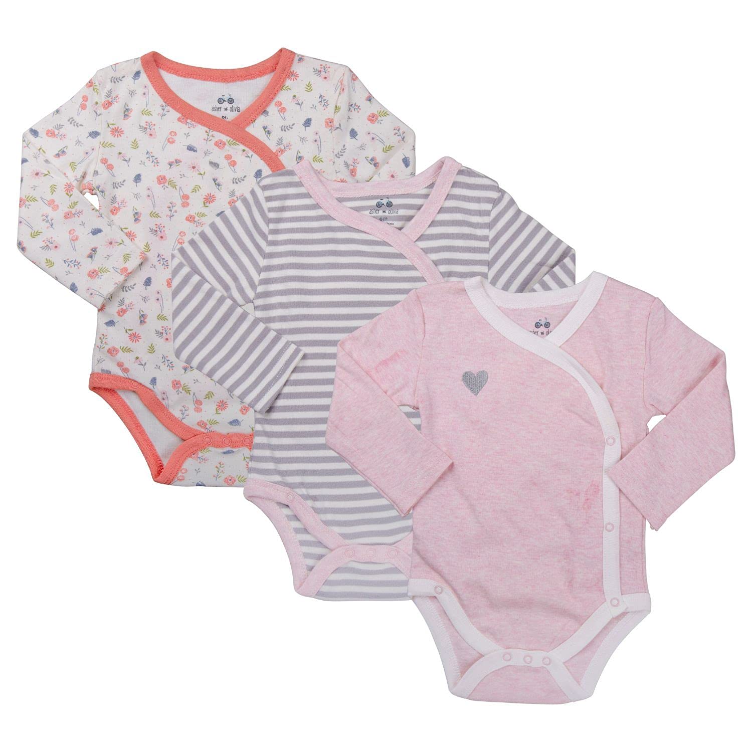 Asher & Olivia Baby Kimono Side Snap 3 Pc Girl Long Sleeve Bodysuit Set