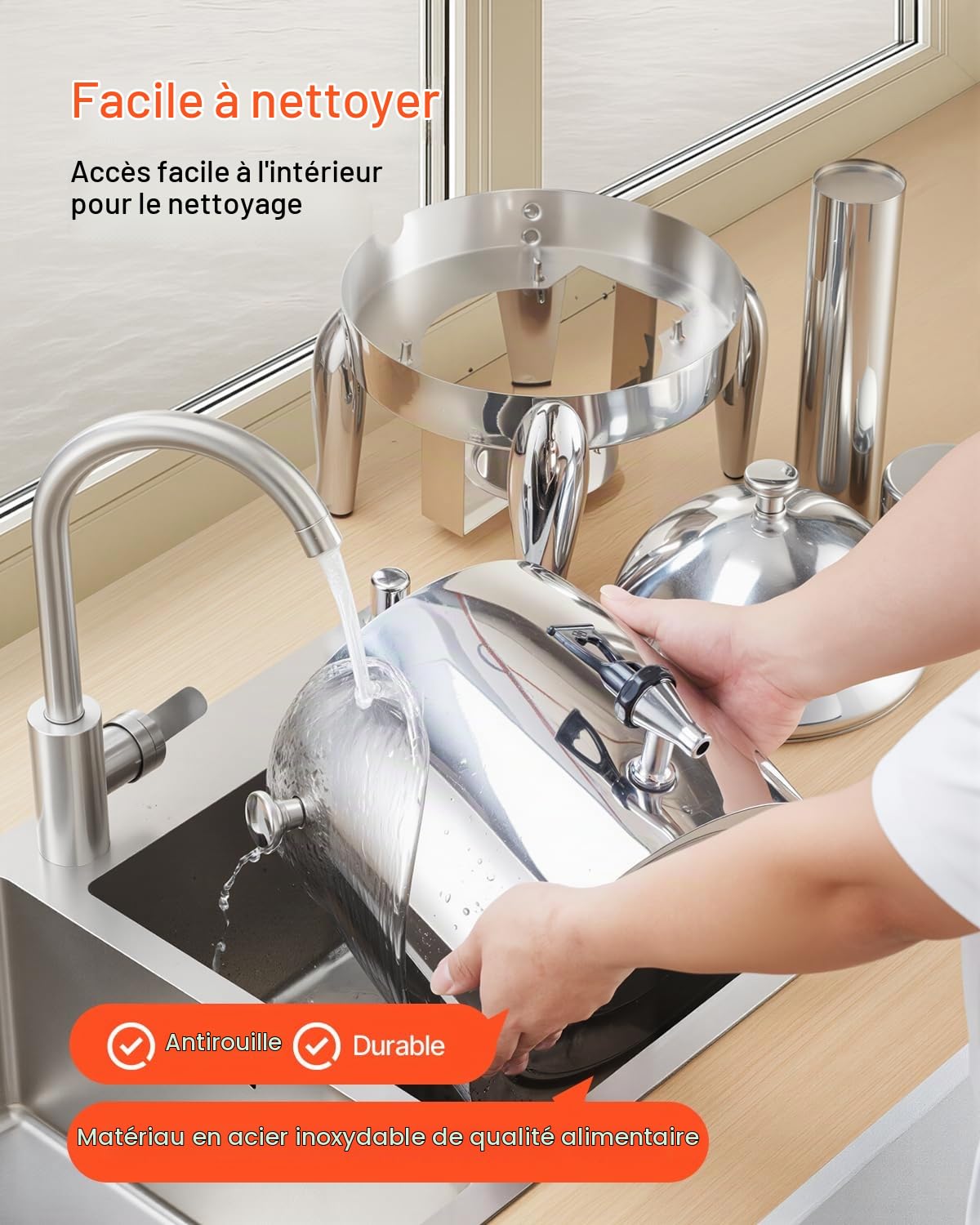 VEVOR Distributeur de Boissons 12 L, Fontaine à Eau Chaude et Froide en Acier Inoxydable, avec Brûleur à Alcool, Robinet et Tube à Glaçons, Distribution de Thé, Restaurants Hôtels Cafés Fêtes