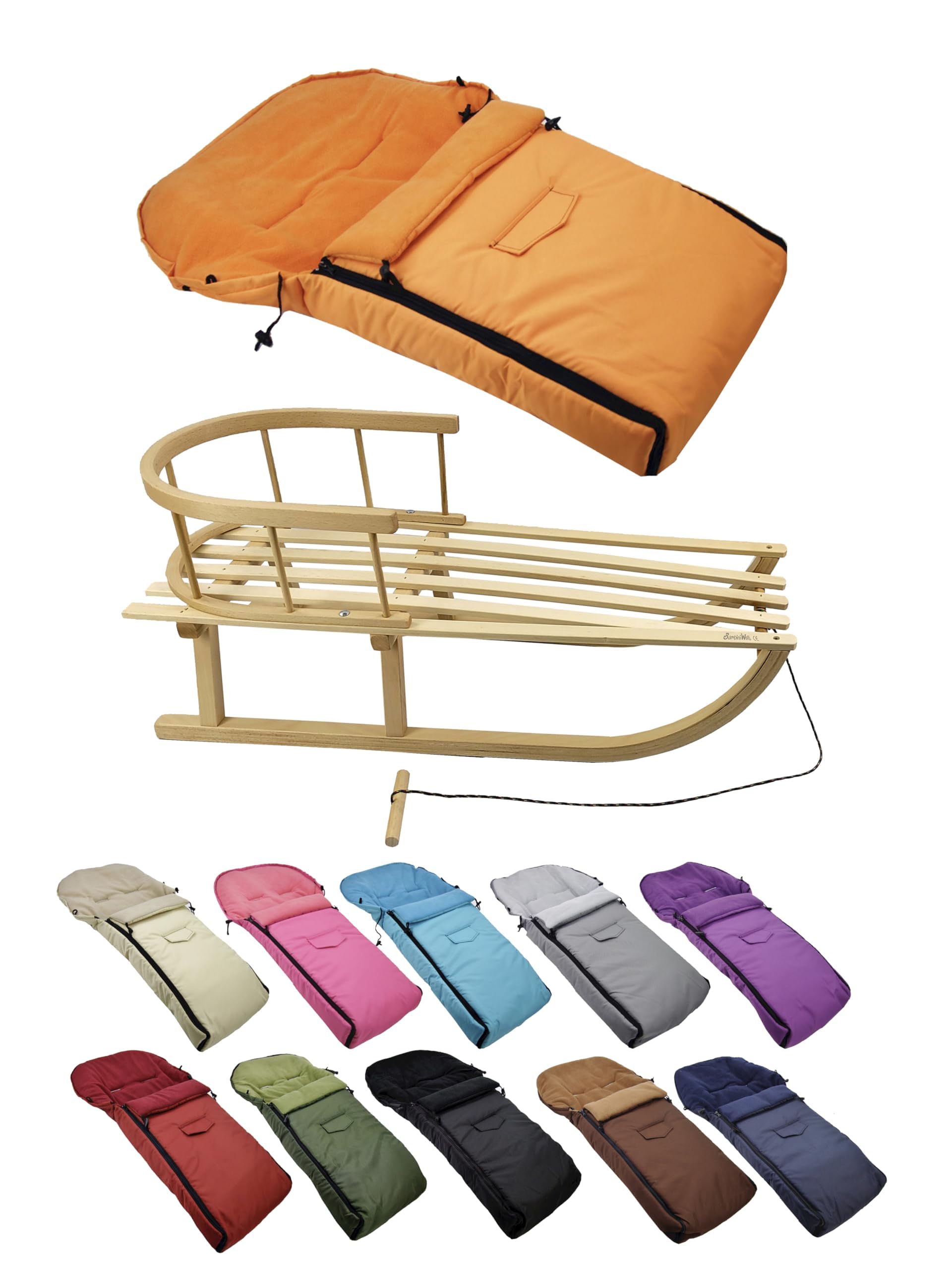 Offerta combinata [slitta in legno + sacco nanna invernale universale, 90 cm), slittino con schienale e corda di traino, adatto per ovetto, passeggino, passeggino con pile termico (arancione)