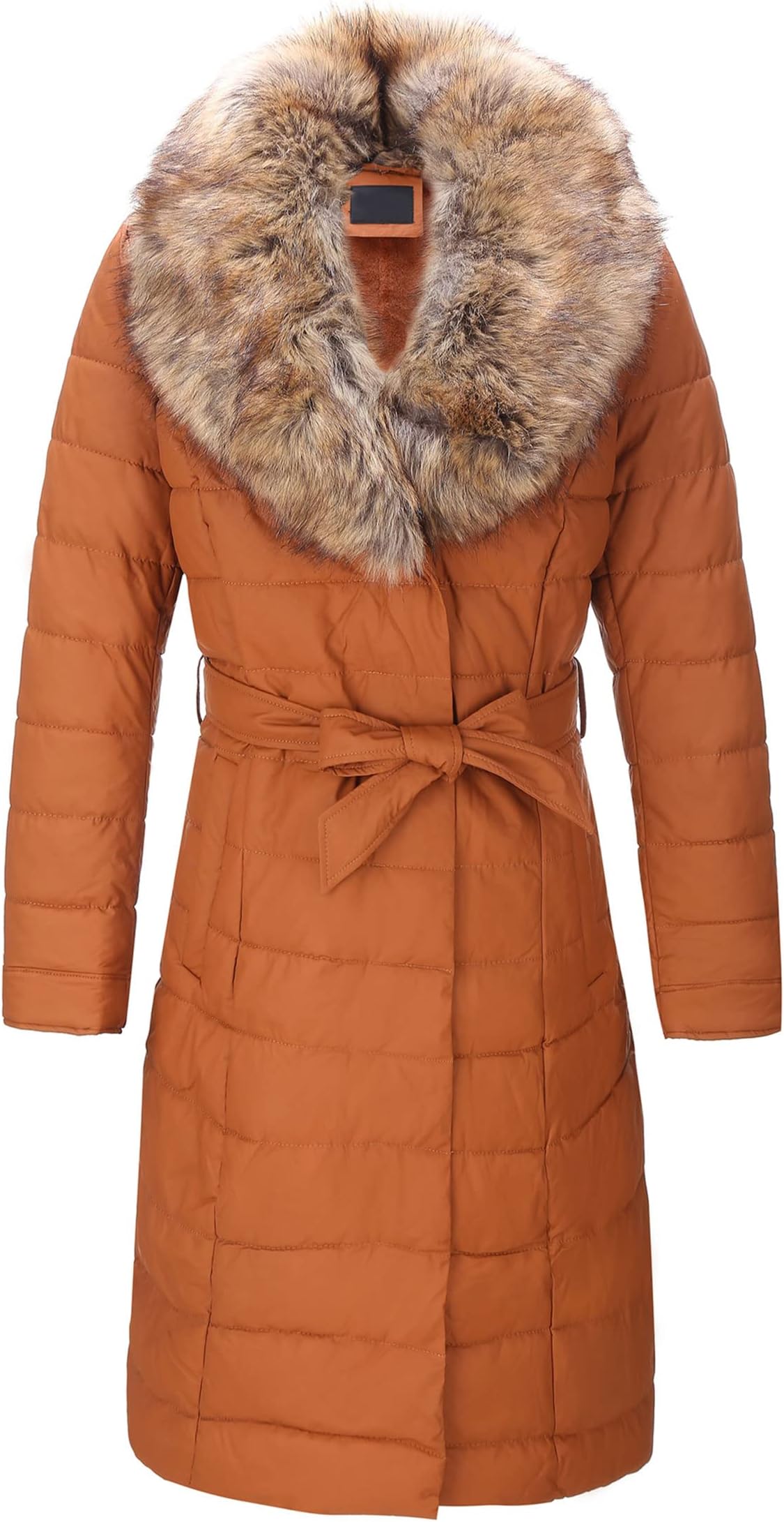 Bellivera Women's Winter Puffer Jacket Cold-Resistant Patchwork Plush Lining Coat with Removable Fur Collar Hooded and Belted