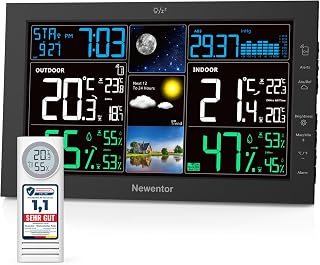 Newentor Wetterstation Funk mit Außensensor, Schwarz, 1*Außensensor | 7,6" Farbdisplay, Funkwetterstation mit Thermometer und Hygrometer, Außensensor mit eigenem Display