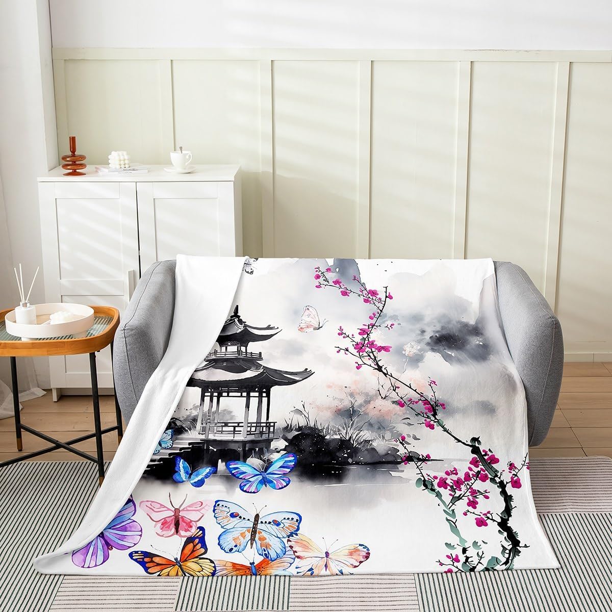 Plaid polaire 150x200 papillon sakura doux pour lit et couverture chaude m2782