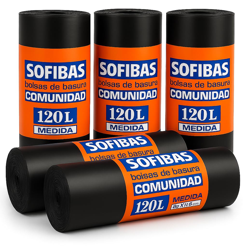 5 Rollos de Bolsas de Basura 120L (50 Unidades) | Muy Resistentes | Ideal para Uso Jardín, Hostelería, desperdicios | Bolsas de Plástico | Económicas