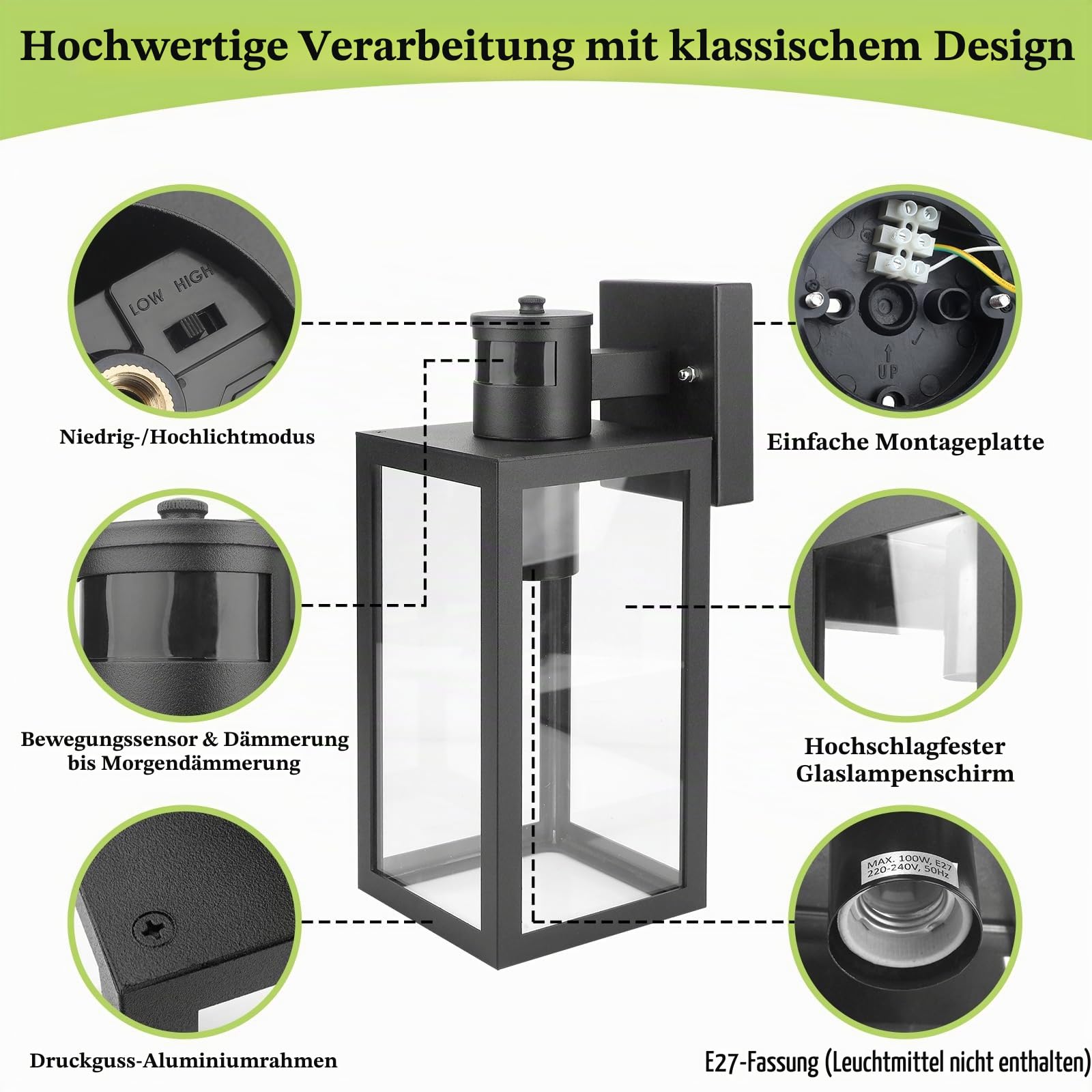 HLFVLITE Außenwandleuchte mit Bewegungsmelder aus Metall in mattschwarz und klaren Glas, 1-flammige Wandlampe Außenleuchte Alumniumguss IP54 Wasserdicht Max. 100W E27 Fassung
