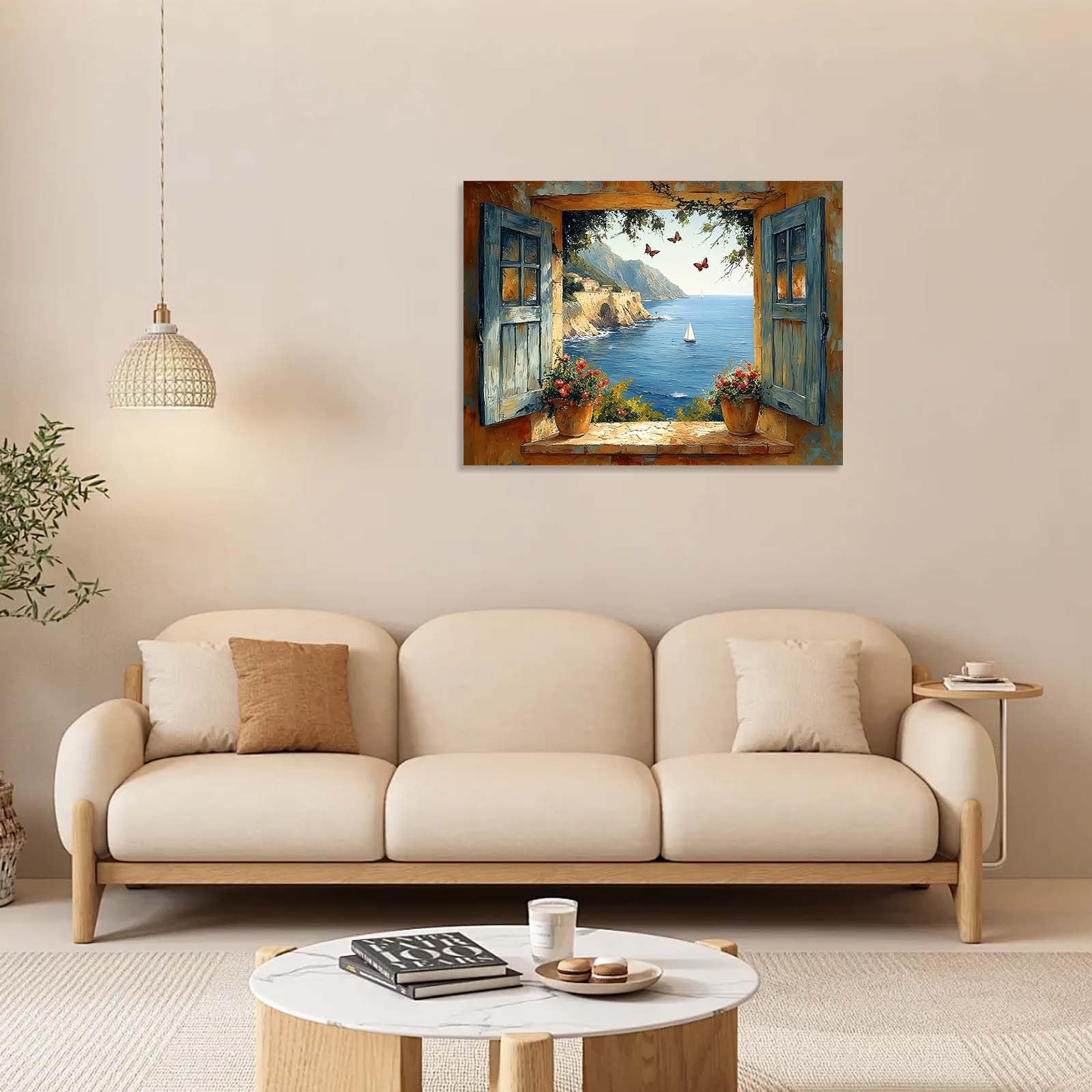 Framed Canvas Wall Art 12x16 Inch Mediterranean Coastal Window View Artwork Ocean Sailboat Wall Canvas Pictures for Living Room Bedroom Hallway Wall Decoration Prints with Hooks Magic Tape and Nails — view 8