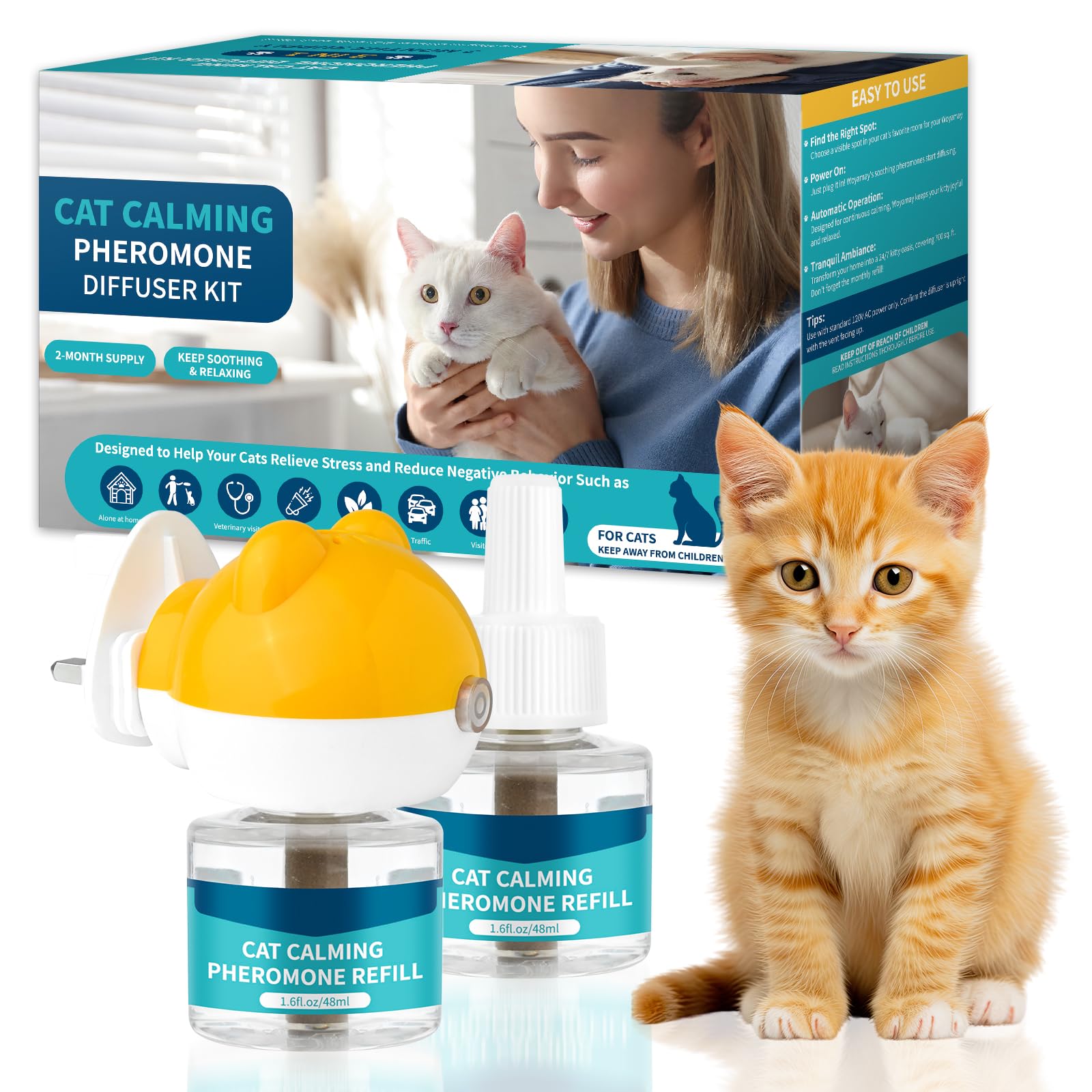 VICSOMCat Calming Plug-in, Cat Pheromone Diffuser Kit 3 IN 1, 60 Days Cat Pheromone Diffuser Calming Kit - Effective Cat Stress Relaxants & Anxiety Relief for Cats with 1 Diffuser + 2 Refill