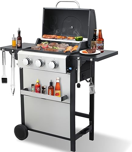 Parrilla de gas propano de 3 quemadores con 2 mesas laterales plegables, parrilla de barbacoa al aire libre de 25,650 BTU con atenuadores de llama