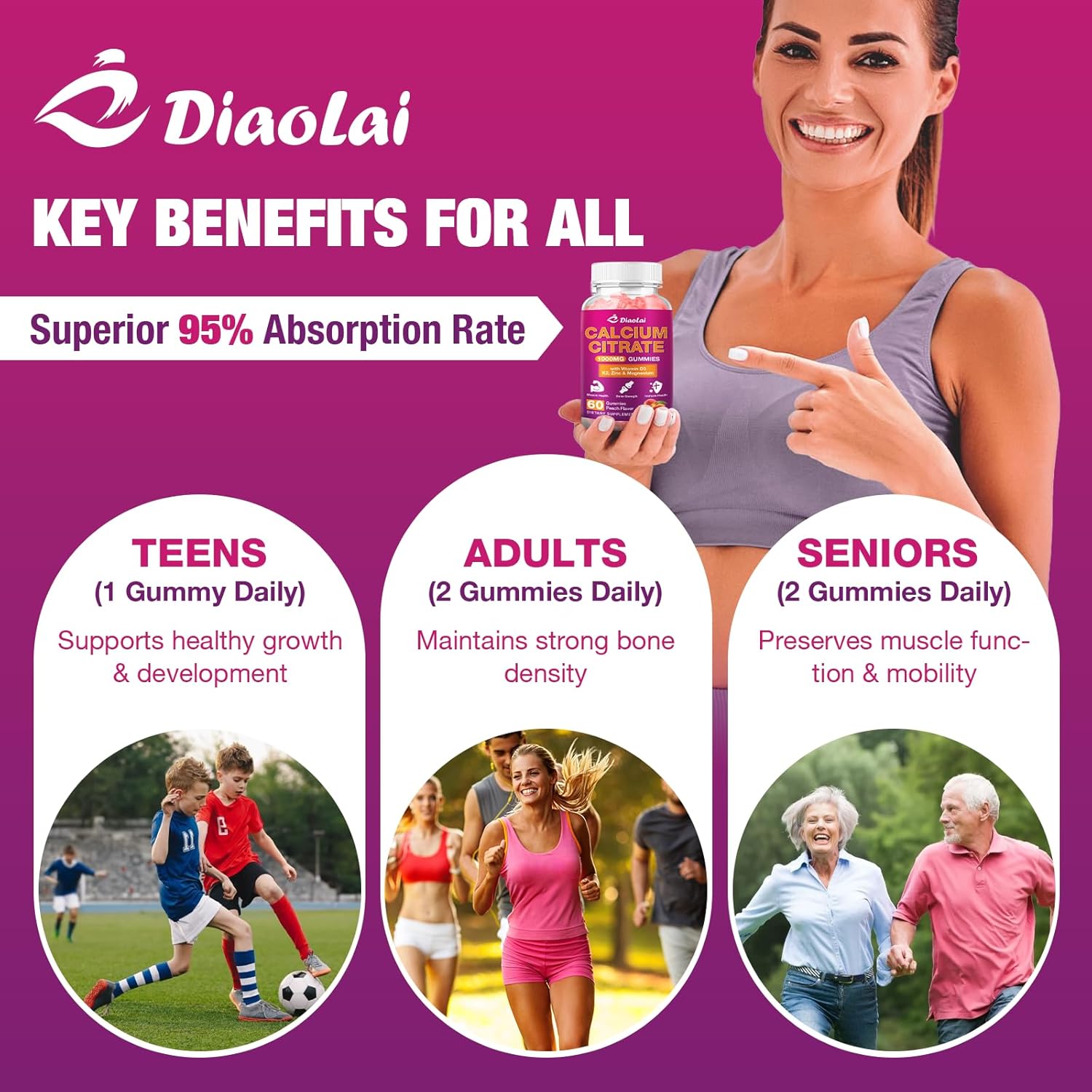 2 Pack Calcium Citrate Gummies - 1000mg per Serving - Supports Bone & Teeth Health with Vitamin D3 & K2 - Delicious Peach Flavor - Non-GMO, Gluten-Free - 120 Gummies