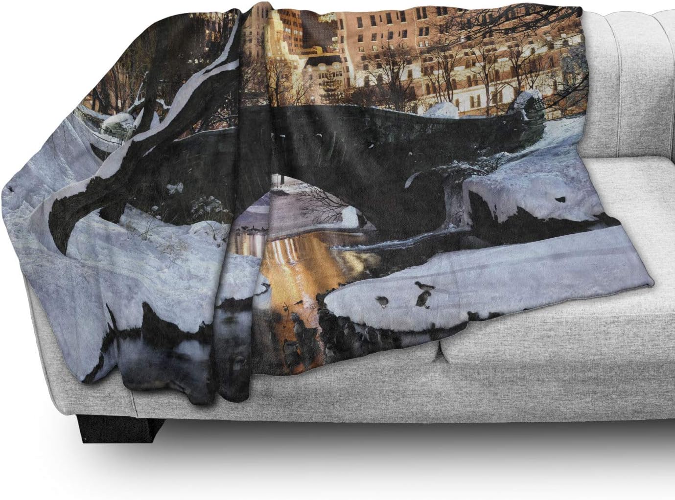 Lunarable NYC Throw Blanket, New York City Manhattan Central Park Panorama in Winter Bridge Freezing Lake at Dusk, Flannel Fleece Accent Piece Soft Couch Cover for Adults, 50" x 70", Black White 50" x 70" for Adults Black White