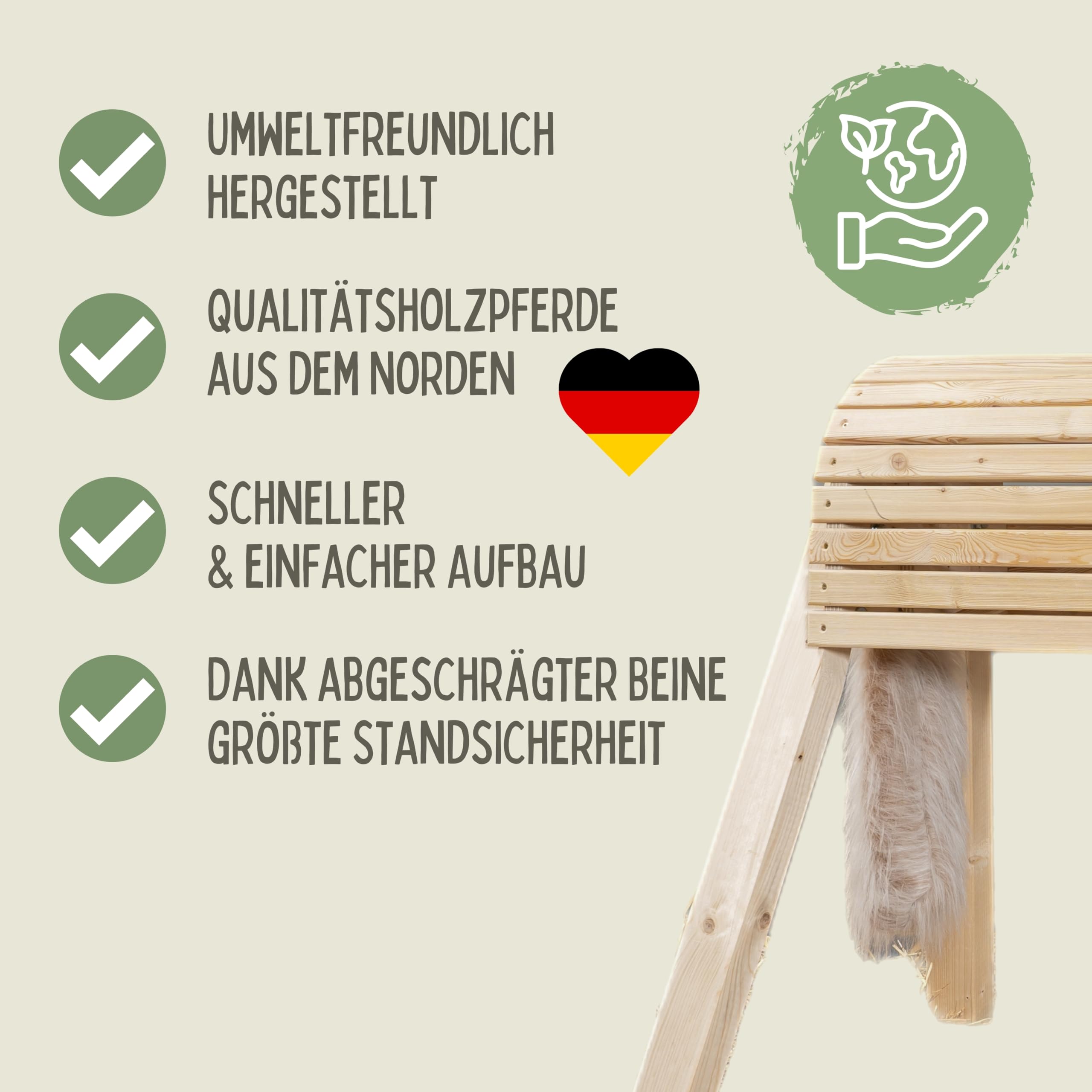 Mia Natur 100cm für draußen Reitpferd Garten Voltigierbock für Kinder, Stehpferd groß, Gartenpferd hangefertigt aus Deutschland, Voltigierpferd Holzpony mit Mähne