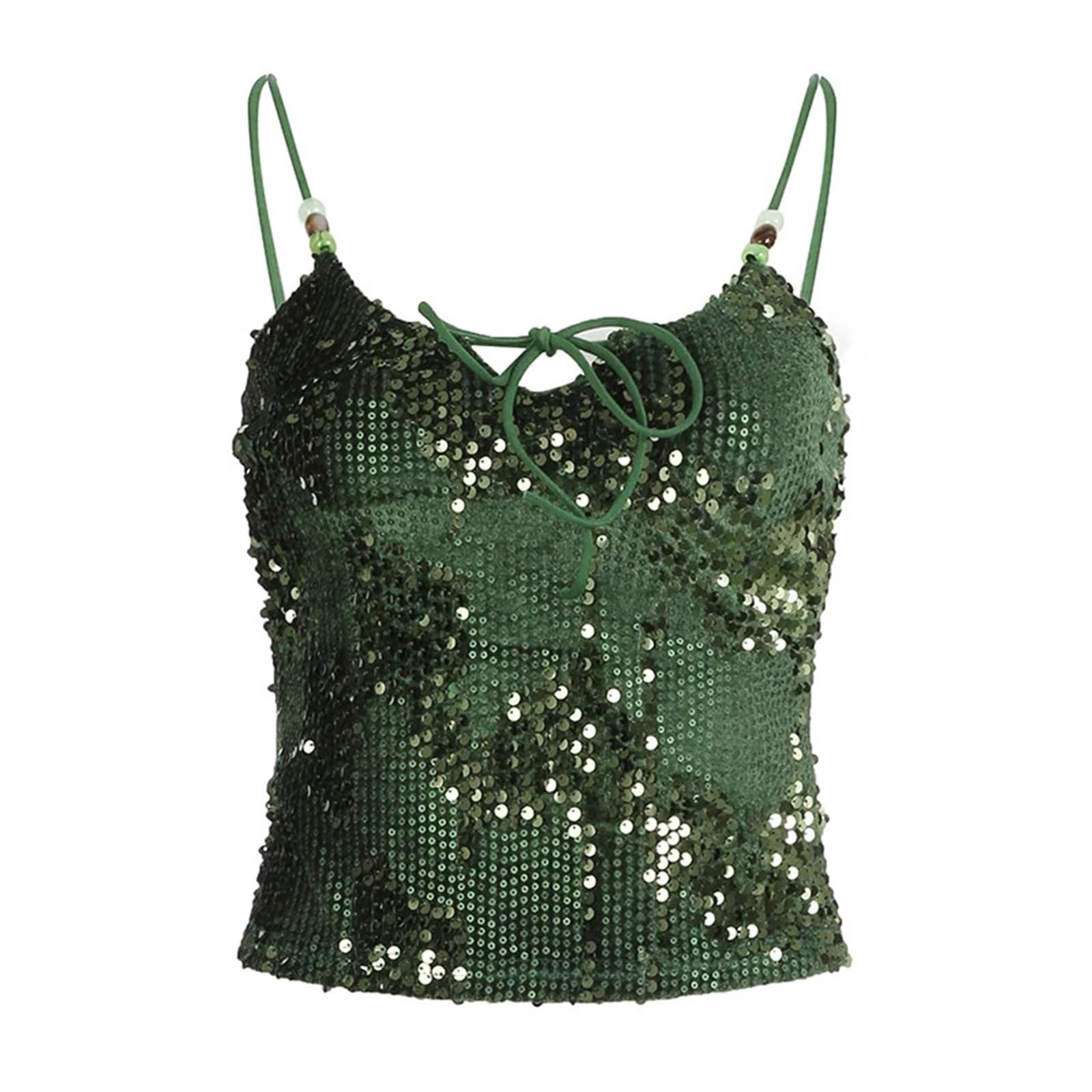 Top con Paillettes Top Corto Attillato Senza Maniche con Lacci e Paillettes for Feste estive da Donna, Stile retrò, Verde