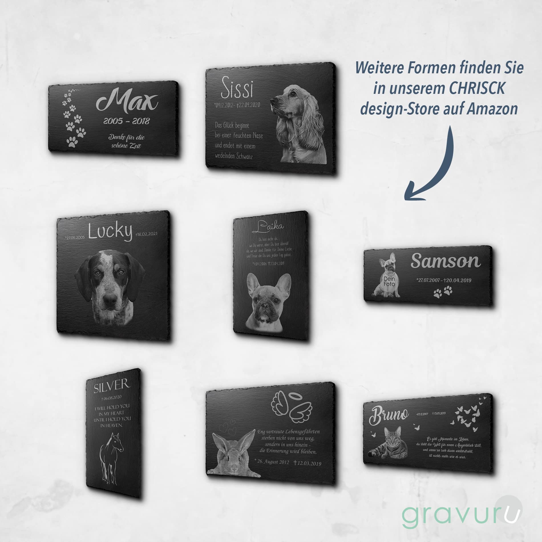 CHRISCK design Tier Grabstein Katze - Katzengrabstein aus Schiefer mit Gravur - Wetterfester Gravurschutz - Große Motivauswahl! - Grabplatte mit Foto - 22x14 cm o. 30x20 cm - Gedenkstein Hund
