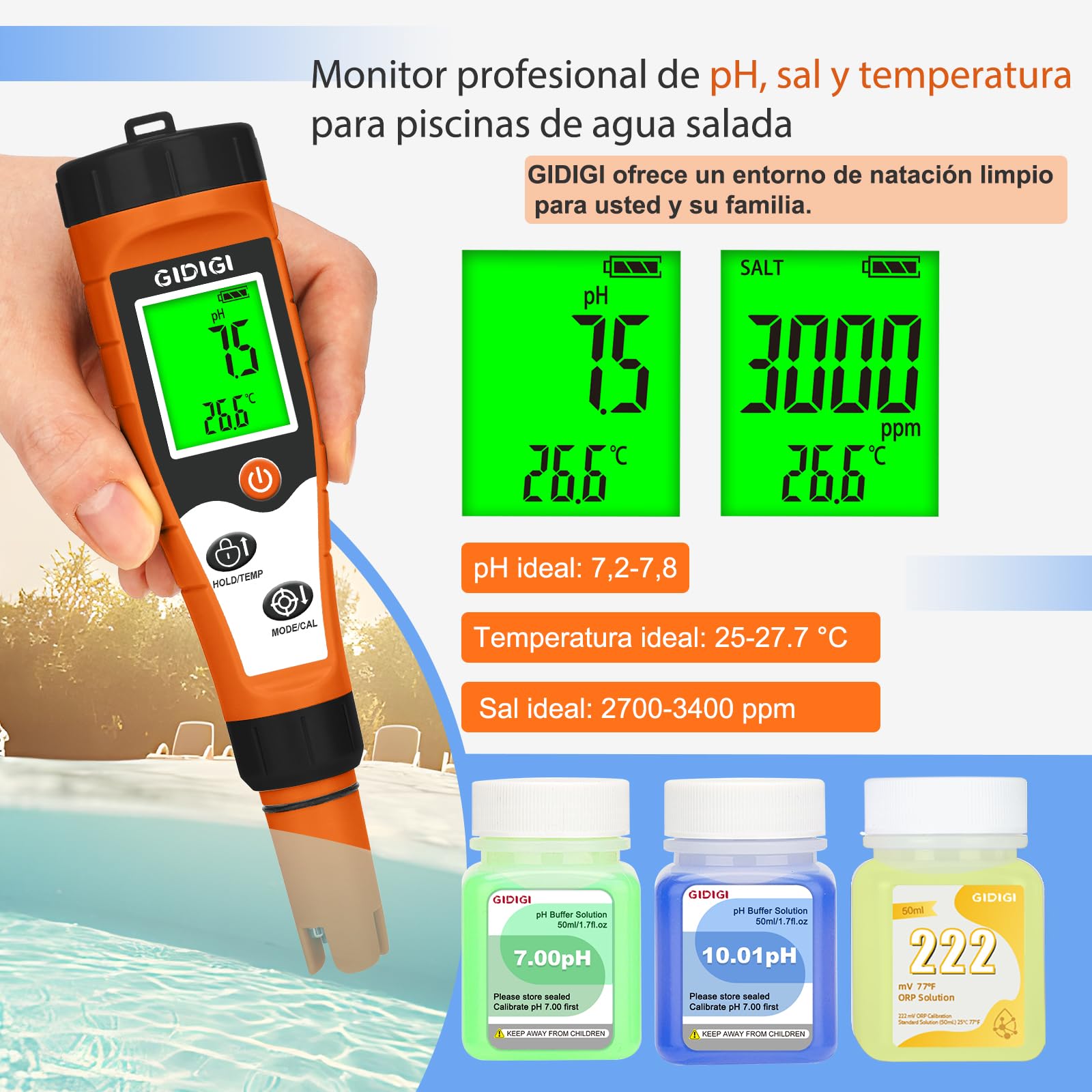 Medidor Cloro pH y Salinidad Piscinas, 7 en 1 pH FAC Sal ORP EC TDS y Temp, Medidor de Cloro para Piscinas, SPA, Acuarios, Hidroponía y Agua Potable, Medidor pH y Cloro Piscina Digital