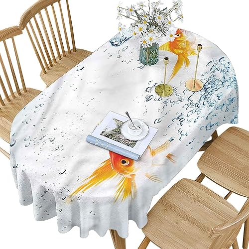 Mantel ovalado de poliéster para acuario, diseño de burbujas vívidas, estampado de peces dorados, lavable, 60 x 120 pulgadas, ovalado, para