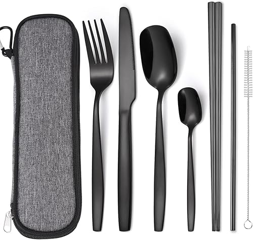 AARAINBOW Juego de cubiertos de viaje de acero inoxidable, 7 piezas, portátil, reutilizable, incluye palillos, cuchillo, tenedor, cuchara, pajitas,